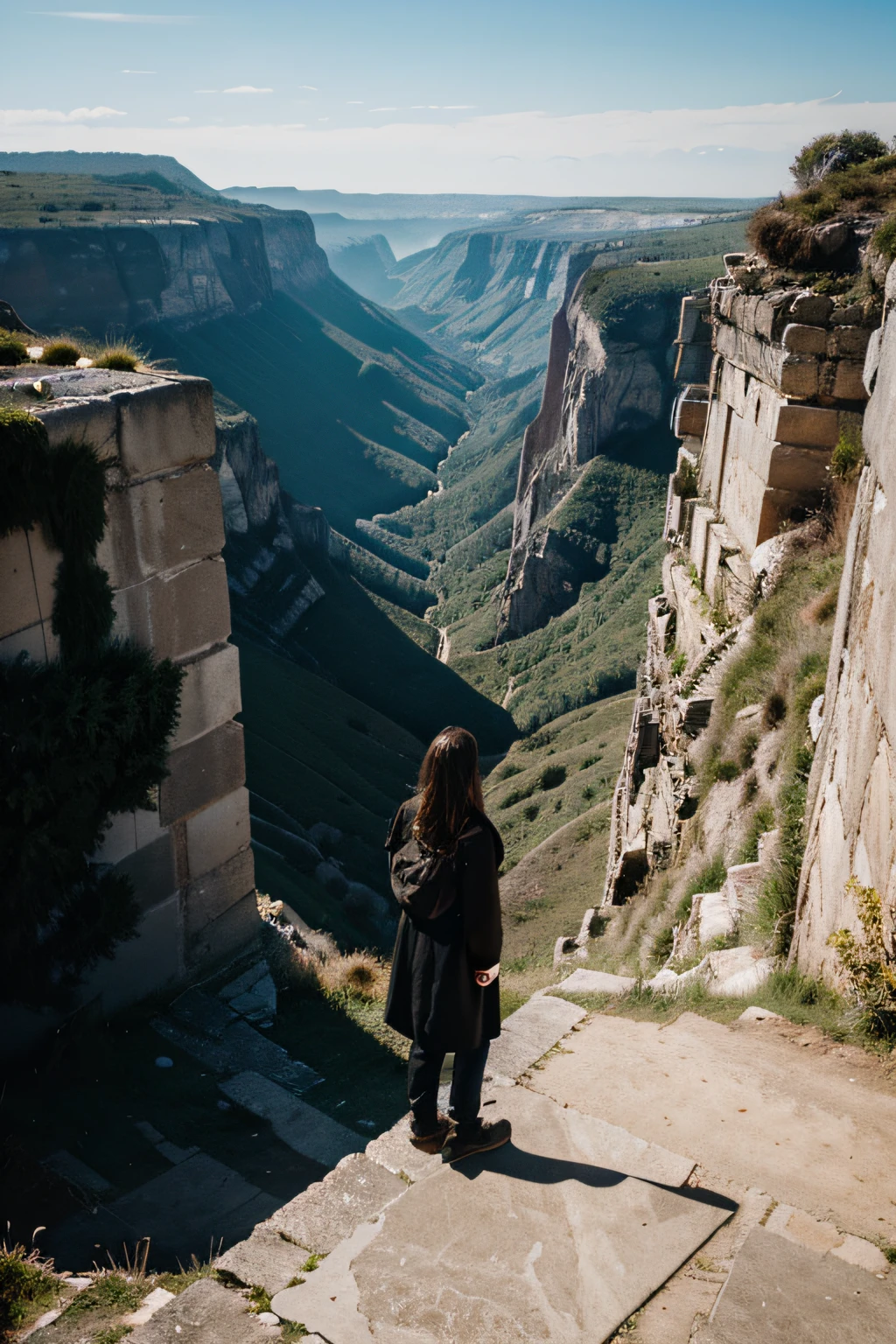 a person on the edge of a square looking at the landscape and scared in place