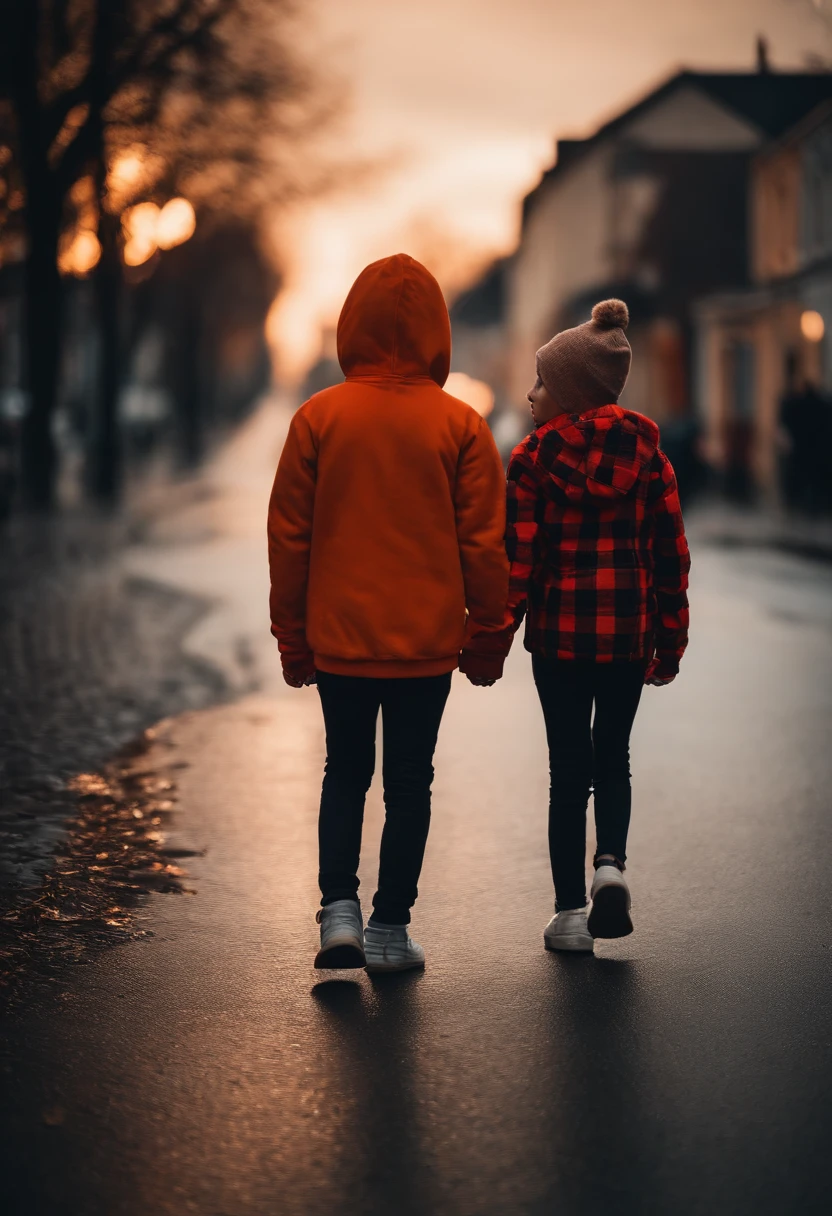 a boy and a girl walking on a dark street by the side of the road on a winter night , girl is wearing orange hoodie while boy is wearing a red checkered hoodie with a white hood , both are walking and having a happy conversation,