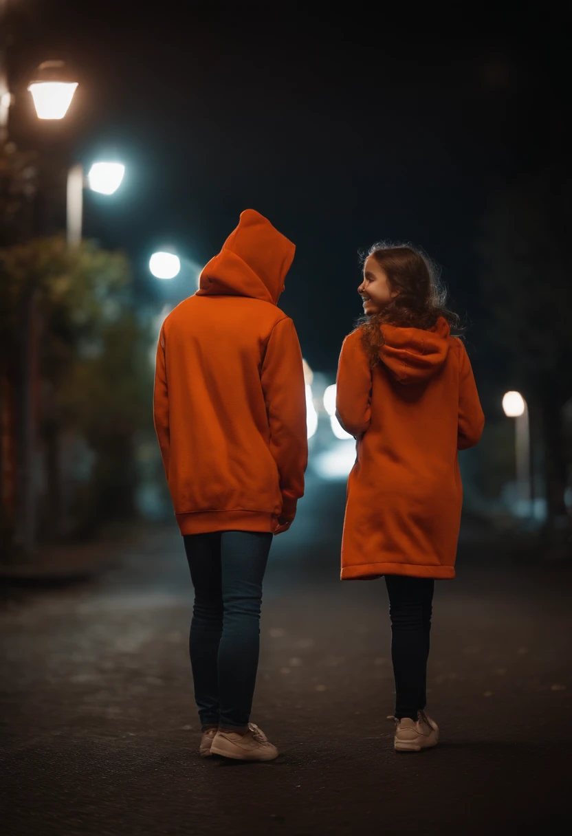 a boy and a girl walking on a dark street by the side of the road on a winter night , girl is wearing orange hoodie while boy is wearing a red checkered hoodie with a white hood , both are walking and having a happy conversation,