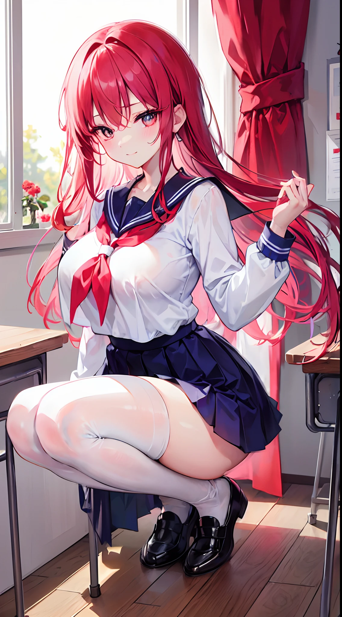 Long light red hair to the waist，dishiveredhair，red color eyes，Loving pupils，Sailor uniform school uniform，Big breasts loli，girl，Beautiful long hair，Hide your hands behind your back，Chest，Keep the front and back feet apart，A smile that makes people feel incomprehensible，In the two-dimensional classroom，Japanese-style classroom，white stockings，and the sun was shining brightly，Butterfly floral fragrance