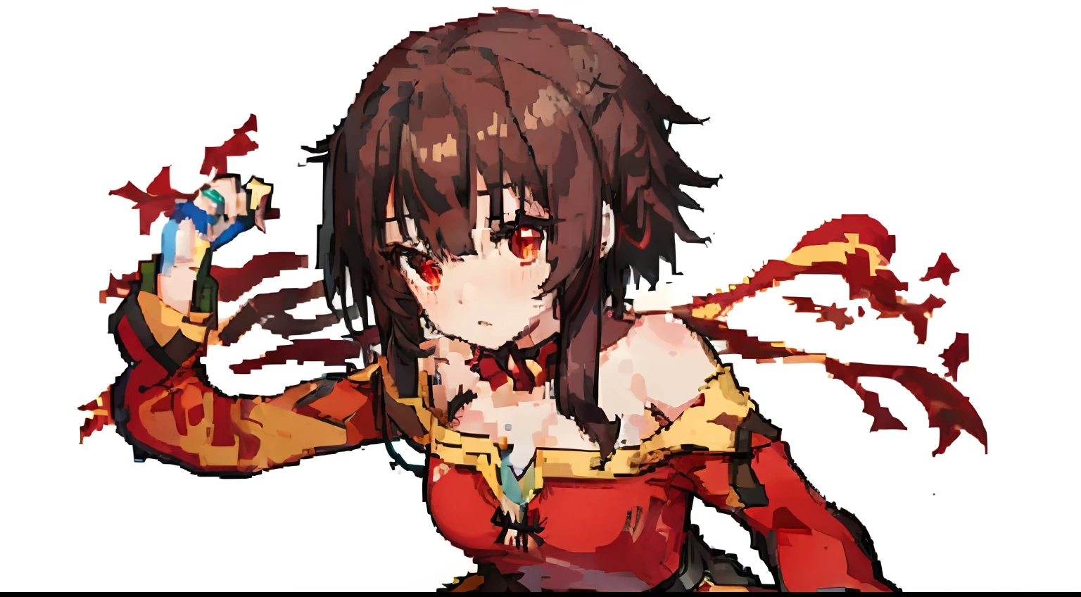 Illustration, UHD, retina, masterpiece, accurate, anatomically correct, super detail, high details, high quality, award winning, best quality, highres, good anatomy, 1080P, HD, 4K, 8k, 16k, 1girl, dynamic pose, androgynous, detailed eyes, detailed clothes, detailed hair, rendering, strands of hair, cute waifu, pixel, megumin, brown hair, red eyes, detached red sleeve, portrait
