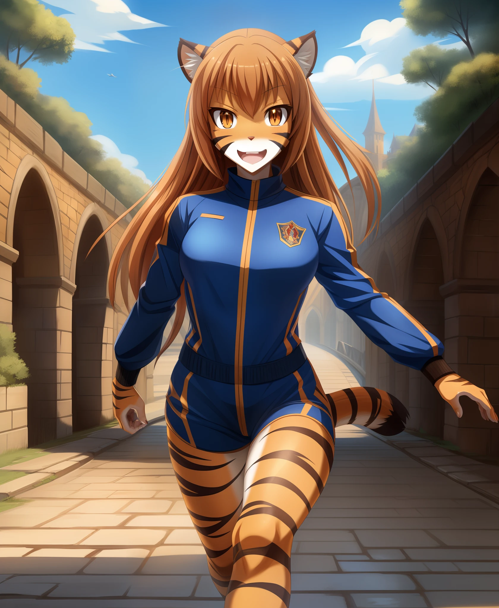 1girl,solo,furry,female furry,tiger girl,beautiful girl,long brown orange hair,animal nose,(detailed face and eyes:1.2),slit pupils,tiger tail,good anatomy,good hands
(anime:1.3),(masterpiece:1.1),(best quality:1.2),8k,
full body,(fully dressed:1.3),clothing,wearing blue tracksuit,running fast over a medieval bridge, looking at viewer,