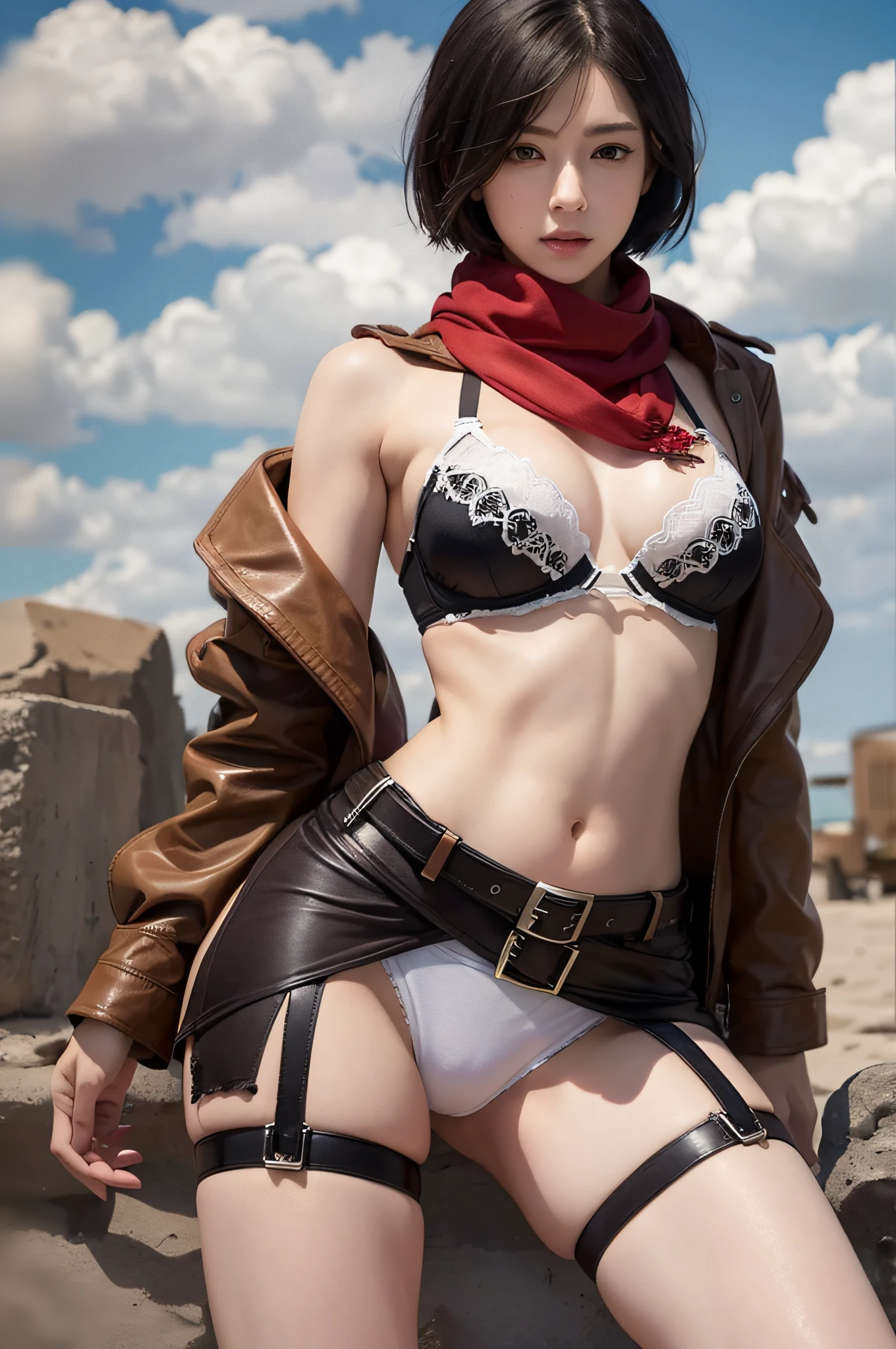 Master Parts, Best Quality, Haute, hmmikasa, Short hair, Black eyes, red bra, Underwear for the lower body, Swimwear Scarf, emblem, Belt bag, Thigh strap, red scarf, White pants, Brown jacket, shortsleeves, the beach