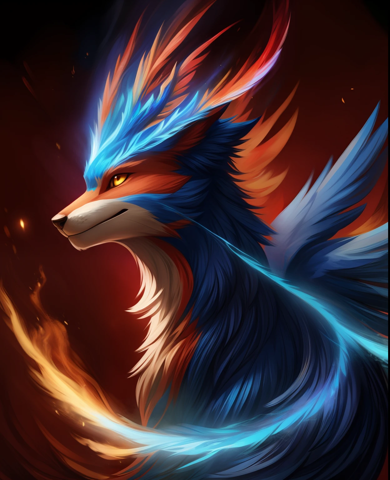 mystic dog, Like a phoenix, red and blue digital colors