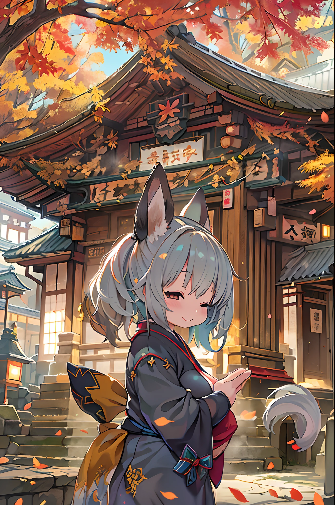 Fox Woman、body covered with fur、huge-breasted、kawaii、Buddhist nun、temple,Temples in Kyoto、Temple、{{close up to face}}、one eye closed、winking、A big smile、bbw、thick thight、big butts、Ultramammy,Chibi,Nanachi, autumn day,kaede、 Pines, Anime Background Art, japanese art style, beautiful anime scene, detailed scenery - width 672, Background art, Anime landscapes, Anime Background, Beautiful anime scenery, Beautiful peace scenes in anime, landscape artwork, Japan Village, Anime landscape concept art, 8K))、a lot of fallen leaves