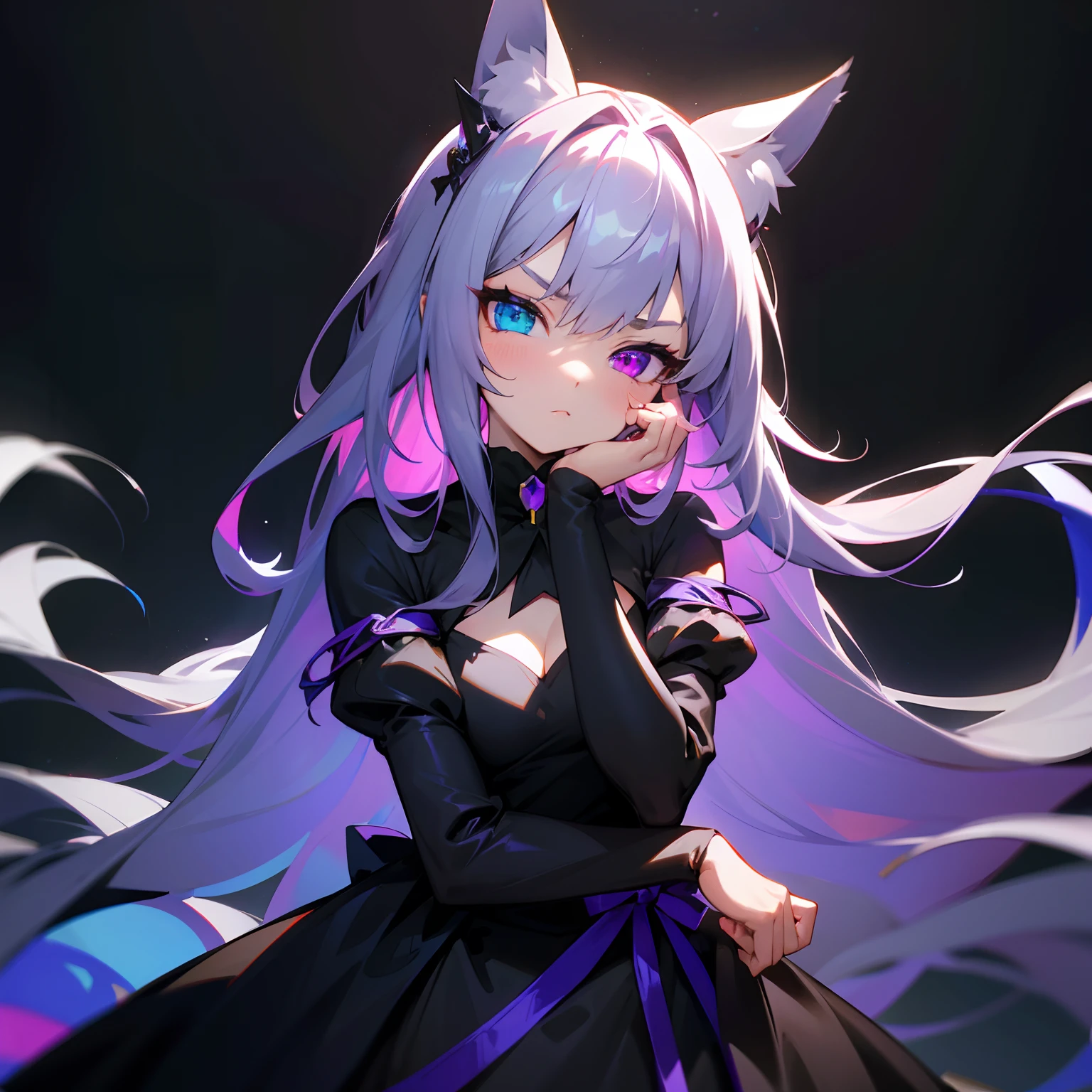 a catgirl, dark grey silky long hair, small breasts, visible tail, hand on cheek, wearing a traditional black dress, crown on her head, looking at viewer, serious face, blue and purple heterochromia, beautiful eyes, retina, black background, ultra-detailed, highres, best quality, masterpiece, anime style