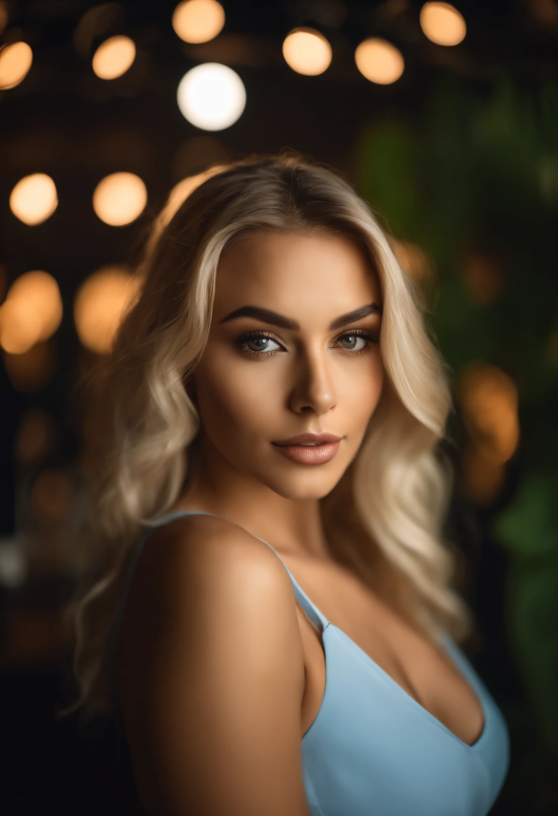 Latino blonde woman with matching tank top and skirt posing in a nightclub, fille sexy aux yeux bleus, Portrait Sophie Mudd, blur background, Best quality, 1fille, Portrait de Corinna Kopf, cheveux blonds et grands yeux, selfie of a young woman, ohne Maquillage, maquillage naturel, Look directly into the camera, Visage avec Artgram, dezentes Maquillage, Superbe photo du corps entier, dans la chambre, gros seins, Blonde, Latin