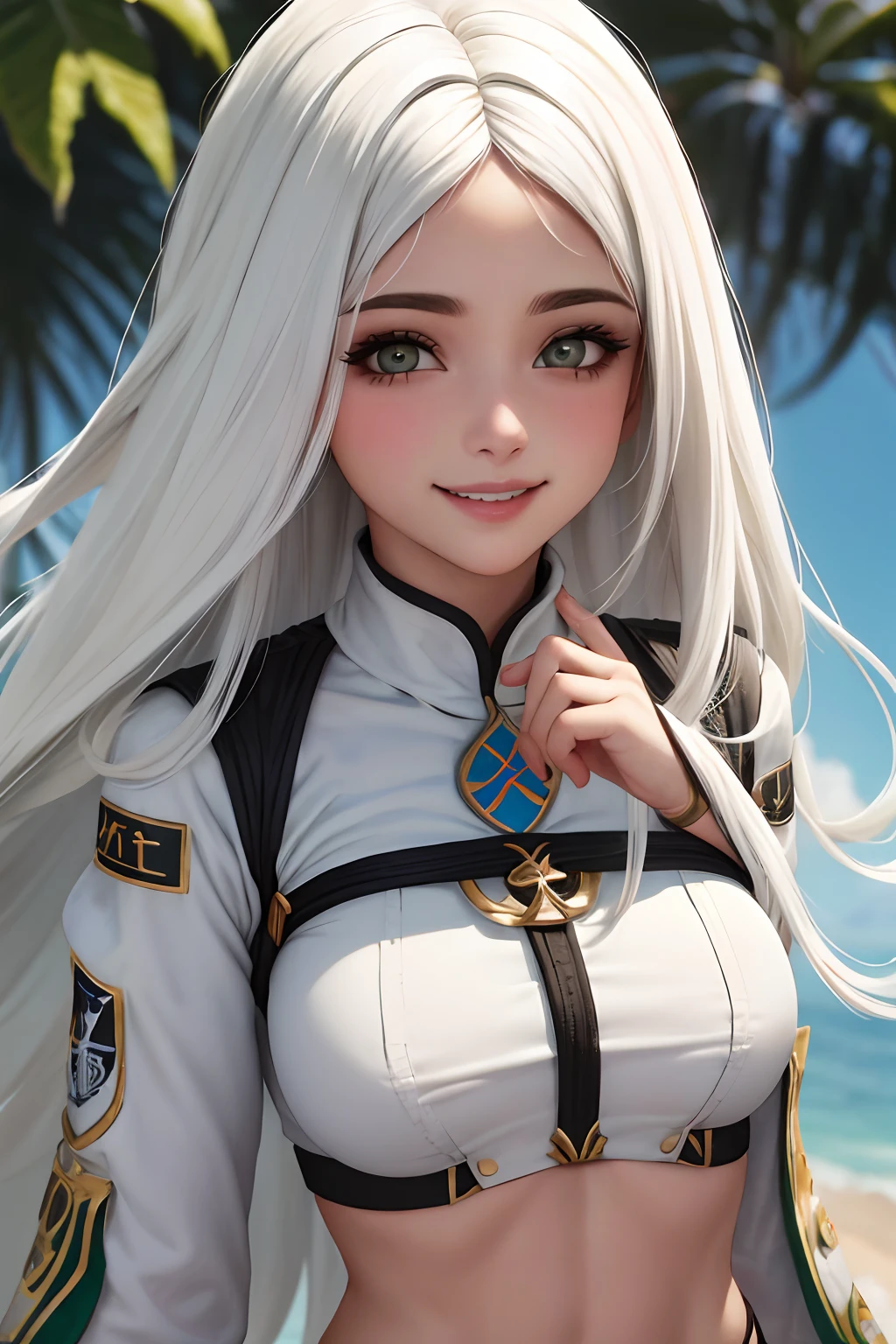 Garota de cabelo metades branco e preto , olhos verdes blilhates , pele branca ,  sorrindo