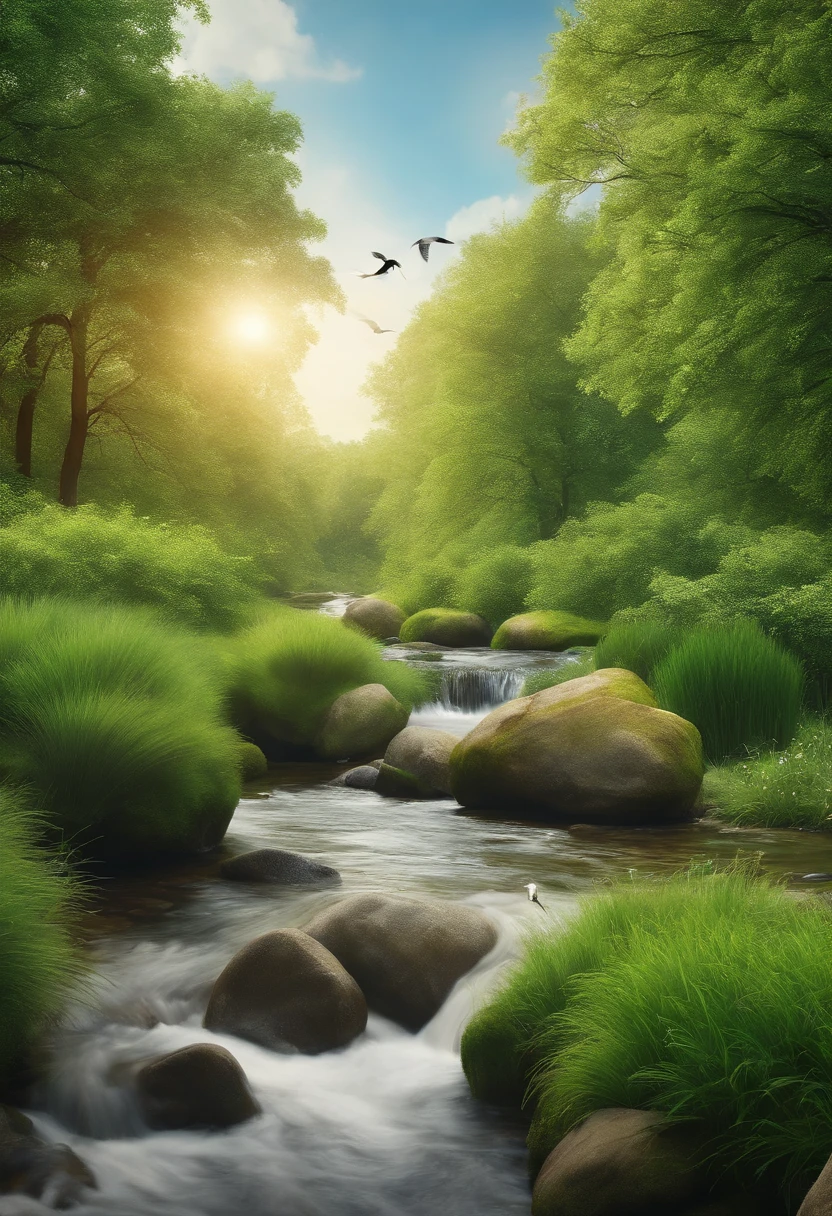 create a beautiful realistic image of green nature on a clear day, soft colors, with birds flying, a stream, blue sky, 8k, very realistic, best quality