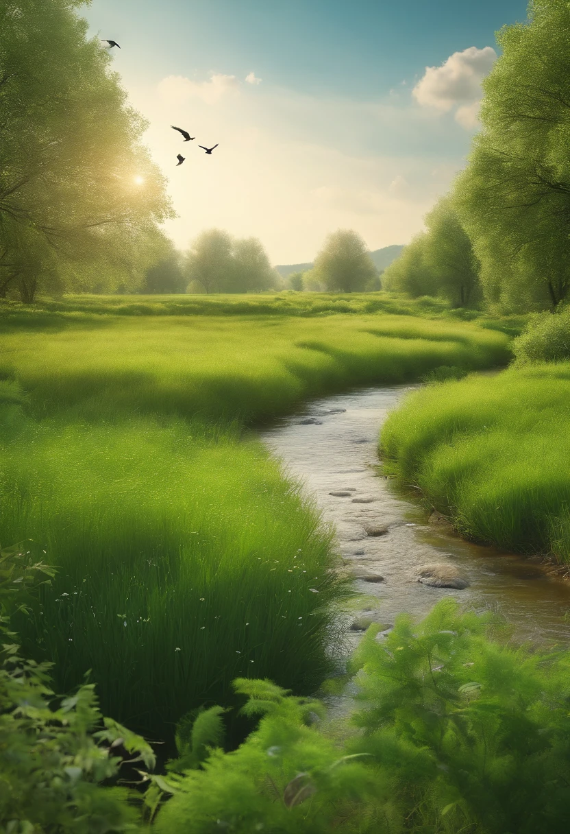 create a beautiful realistic image of green nature on a clear day, soft colors, with birds flying, a stream, blue sky, 8k, very realistic, best quality