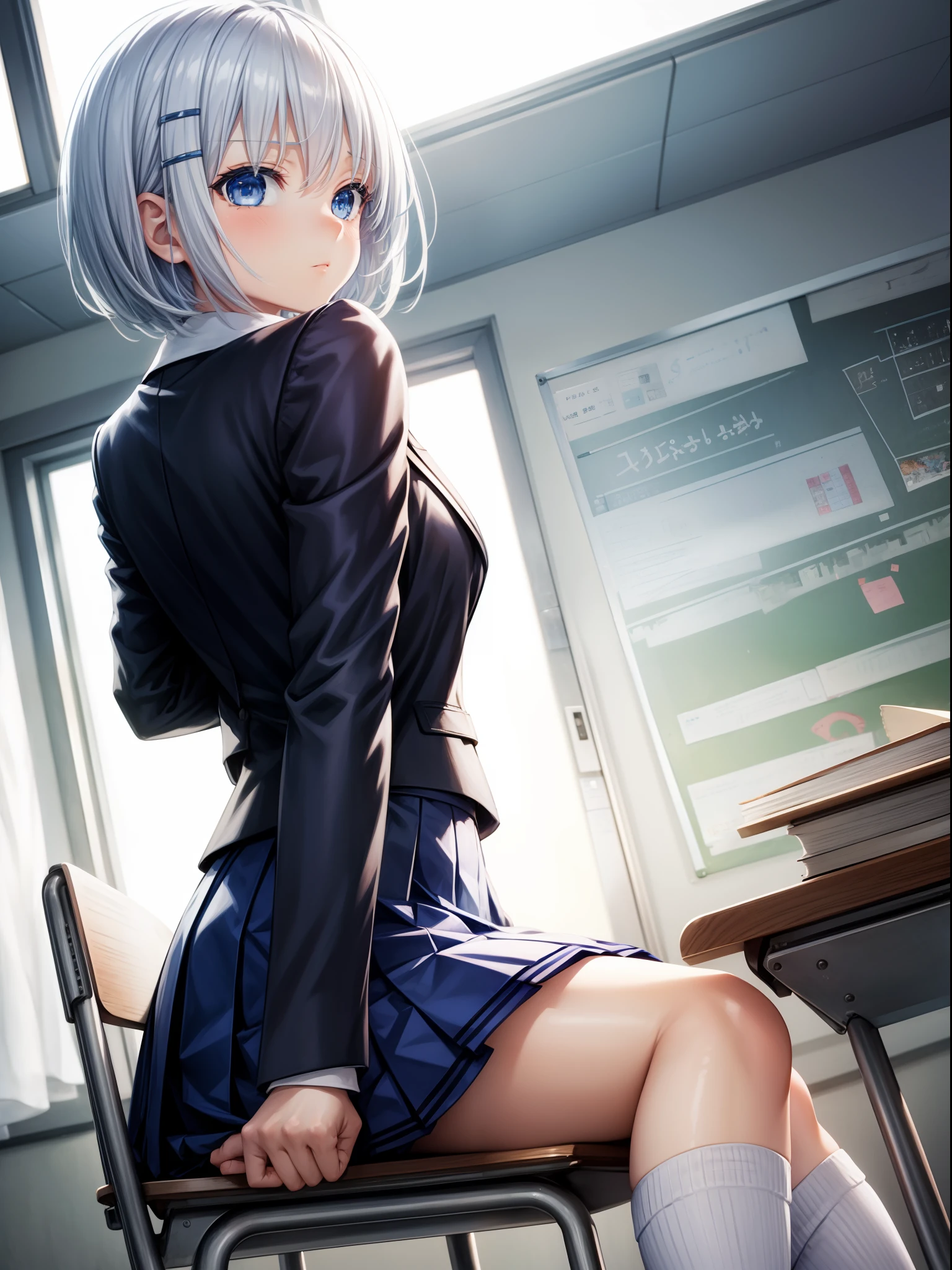 1girl, blazer, blue eyes, blue skirt, book, chair, classroom, desk, from side, indoors, jacket, open book, pleated skirt, reading, school desk, school uniform, short hair, sitting, skirt, solo, white hair