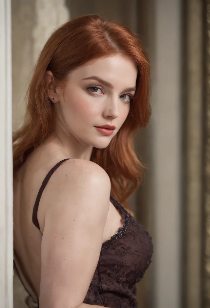 professionnel, (Photo 4K:1.1) (mise au point nette:1.3), High detail, Porter (Chemise moulante:1.2), beautifull detailed face, An attractive woman with long red hair looks at the camera, resembling actress Katherine McNamara, Panasonic Lumix S Pro 50mm F/1.4, , photo realist, (attractive young woman:1.3), (Seductive:1.1), (rougissant:1.1), Forme du corps du sablier, Gros seins ronds, ass underlined, Accentuated ass, Rear shot, Porter une mini-jupe, corps entier, longues jambes
