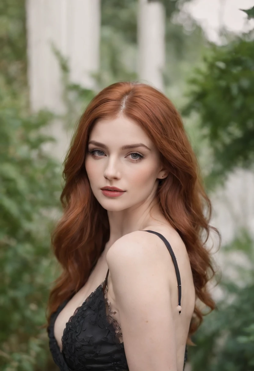 professionnel, (Photo 4K:1.1) (mise au point nette:1.3), High detail, Porter (Chemise moulante:1.2), beautifull detailed face, An attractive woman with long red hair looks at the camera, resembling actress Katherine McNamara, Panasonic Lumix S Pro 50mm F/1.4, , photo realist, (attractive young woman:1.3), (Seductive:1.1), (rougissant:1.1), Forme du corps du sablier, Gros seins ronds, ass underlined, Accentuated ass, Rear shot, Porter une mini-jupe, corps entier, longues jambes