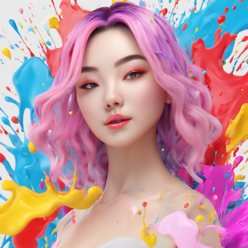 (Masterpiece, Best Quality, High Resolution), White Background, ((Paint Splash, Color Splash, Splash of Ink, Color Splash)), Sweet Chinese Girl, Rainbow Hair, Pink Lips, Front, Upper Body