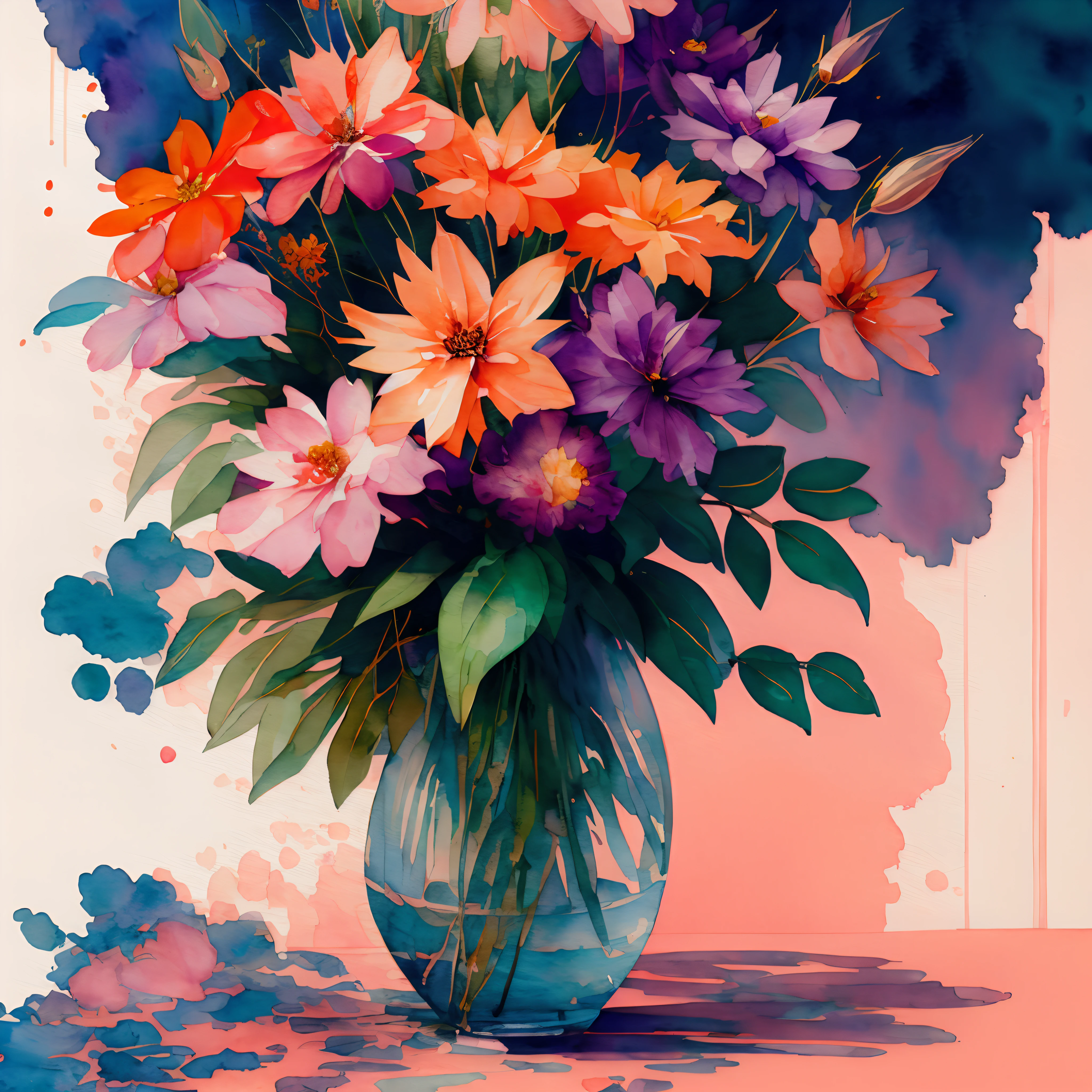 wtrcolor style, Digital art of one vase with flowers, use a high variety of flowers, a lot of different flowers, official art, masterpiece, Beautiful, ((watercolor)), paint splatter, intricate details. Highly detailed, detailed, [dripping:0.5], Trending on artstation, by Rachel Walker,