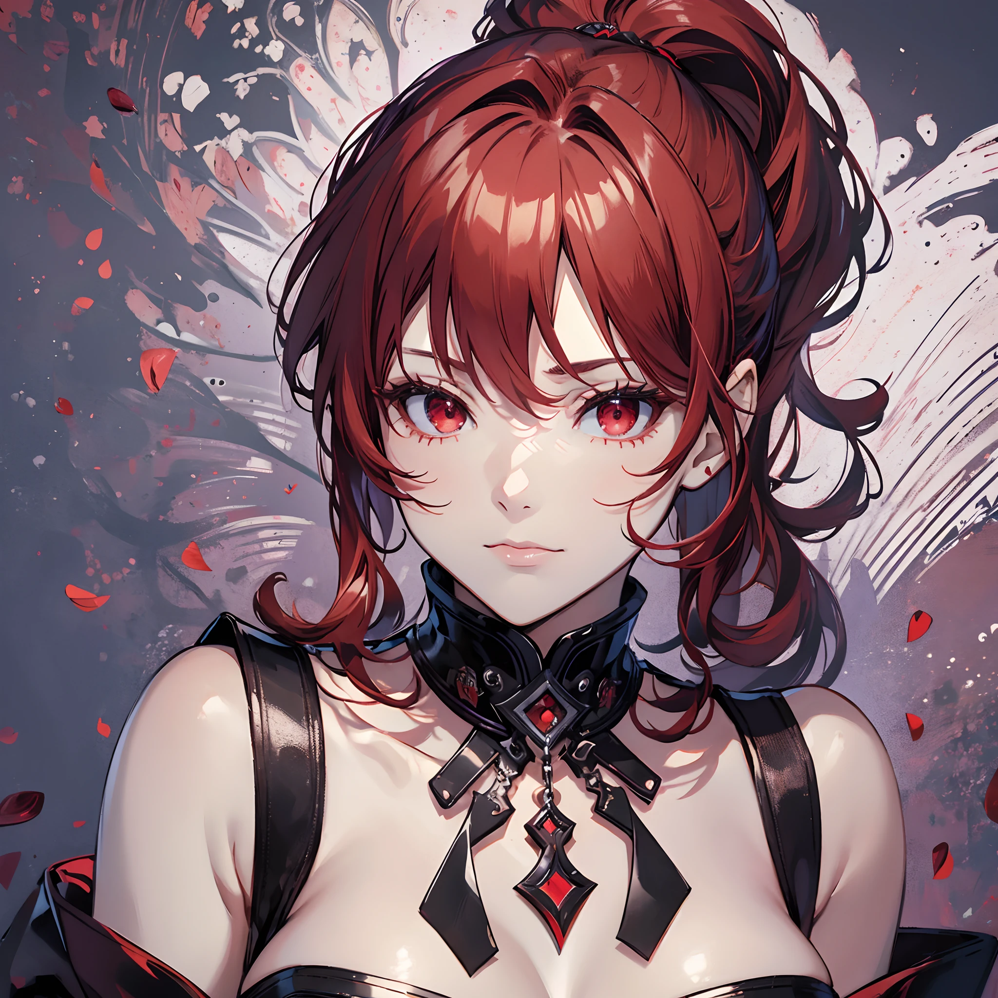 masterpiece, best quality, 1woman, adult, older MILF, female focus, solo, red hair, hairstyle: short ponytail, bangs, vibrant red eyes, looking at viewer, High quality metal texture, closed mouth, bangs, high collar,(kbxll:0.6), elegant aesthetics, Highly detailed, shadowverse style, classic white dress, virtual reality gamer