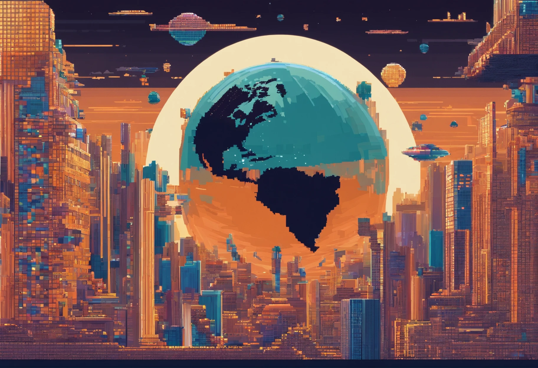 Showing planet earth,pixel very detailed 4k, showing th space,light from space, planets showing, destryed by the chaos,dark