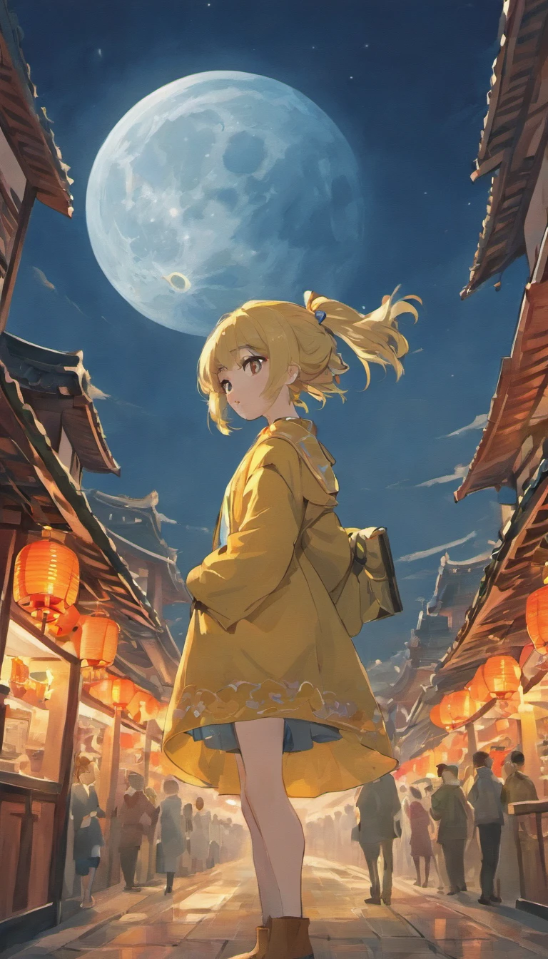 autumnal,full moon,traditional Chinese festivals,An idyllic Chinese mural, em cor azul escuro,nighttime scene, Layered landscape, monumental murals, Ricoh FF-9D, Golden Age aesthetics,The picture is clean,Leave white space