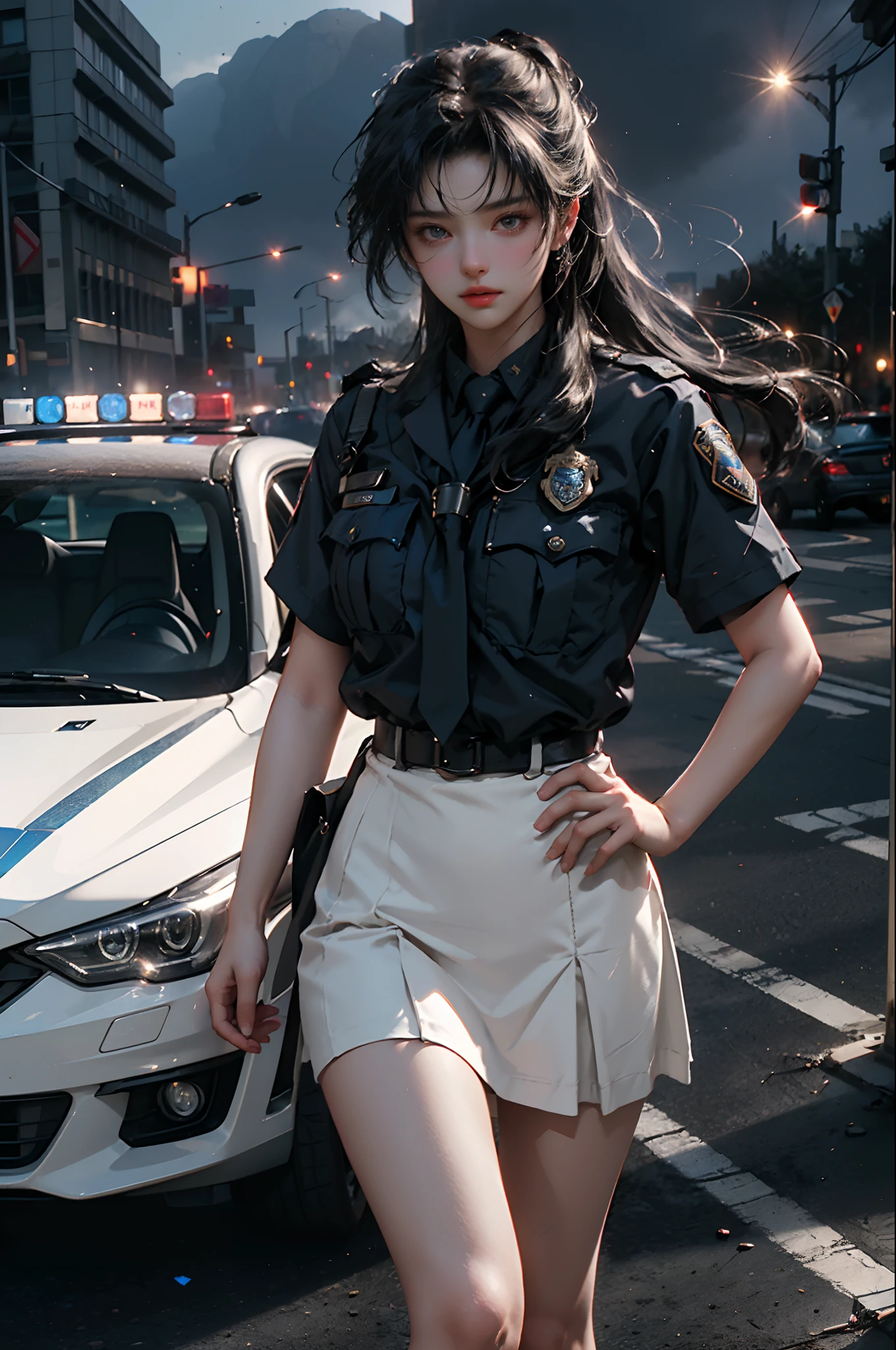 (RAW photo, 4k, masterpiece, high resolution, extremely complex) (realistic: 1.3), cinematic lighting Delicate girl with facial features, oversized, sexy body, protruding and upturned
1 female policeman with long hair blue police uniform uniform black wrapped short skirt, handsome action with batons, night scene, movie shot, white skin, panoramic police car next to it