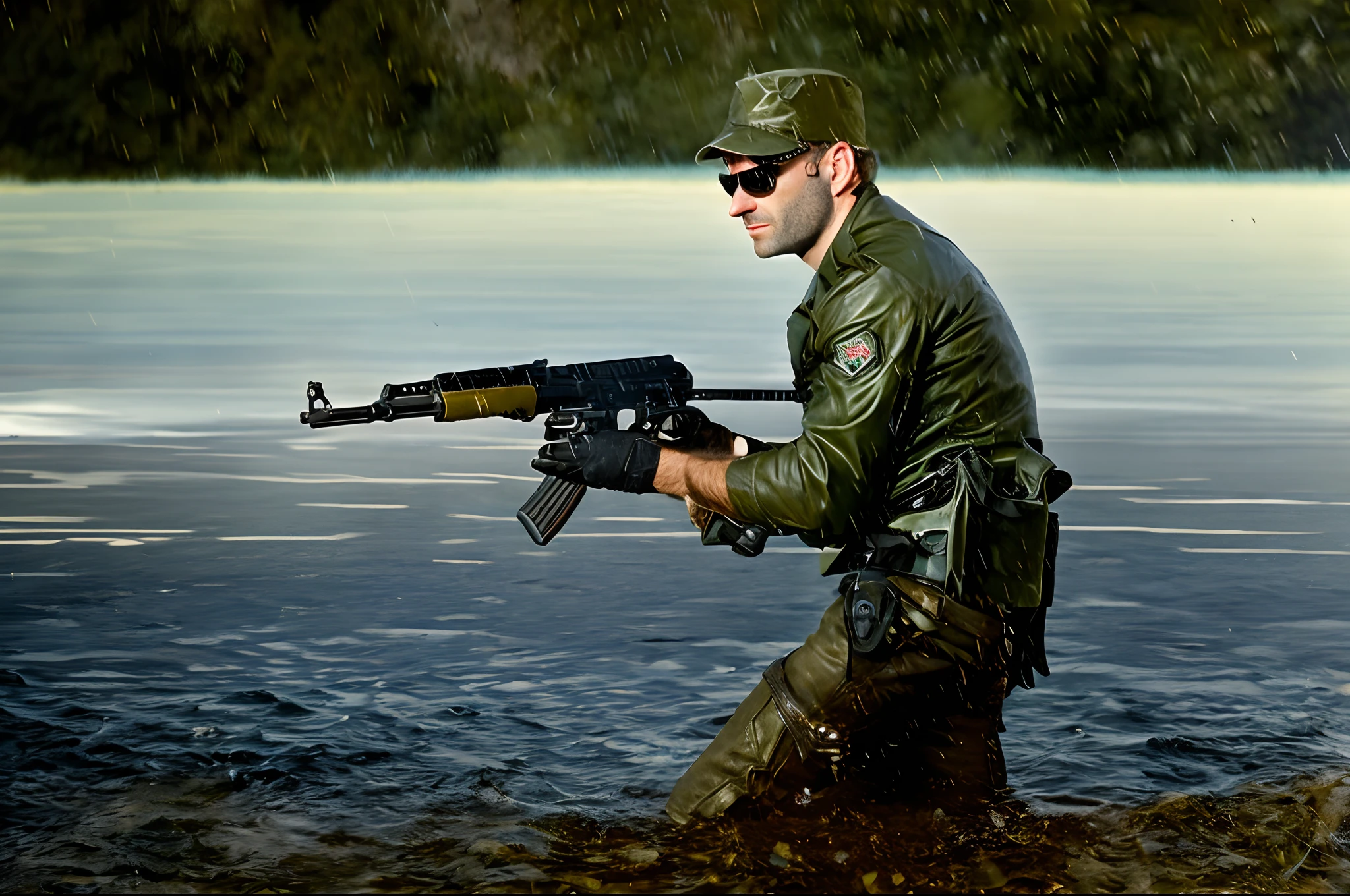 arafed man in a black leather jacket and sunglasses holding a gun, man is carrying a rifle, military photography, cinematic action shot, dramatic action photography, dramatic cinematic action shot, carrying mosin on back, scene with machine gun, carrying a rifle, high quality action photography, military, handling riffle on chest, action photography, wielding assault rifle, load bearing vest, military cap