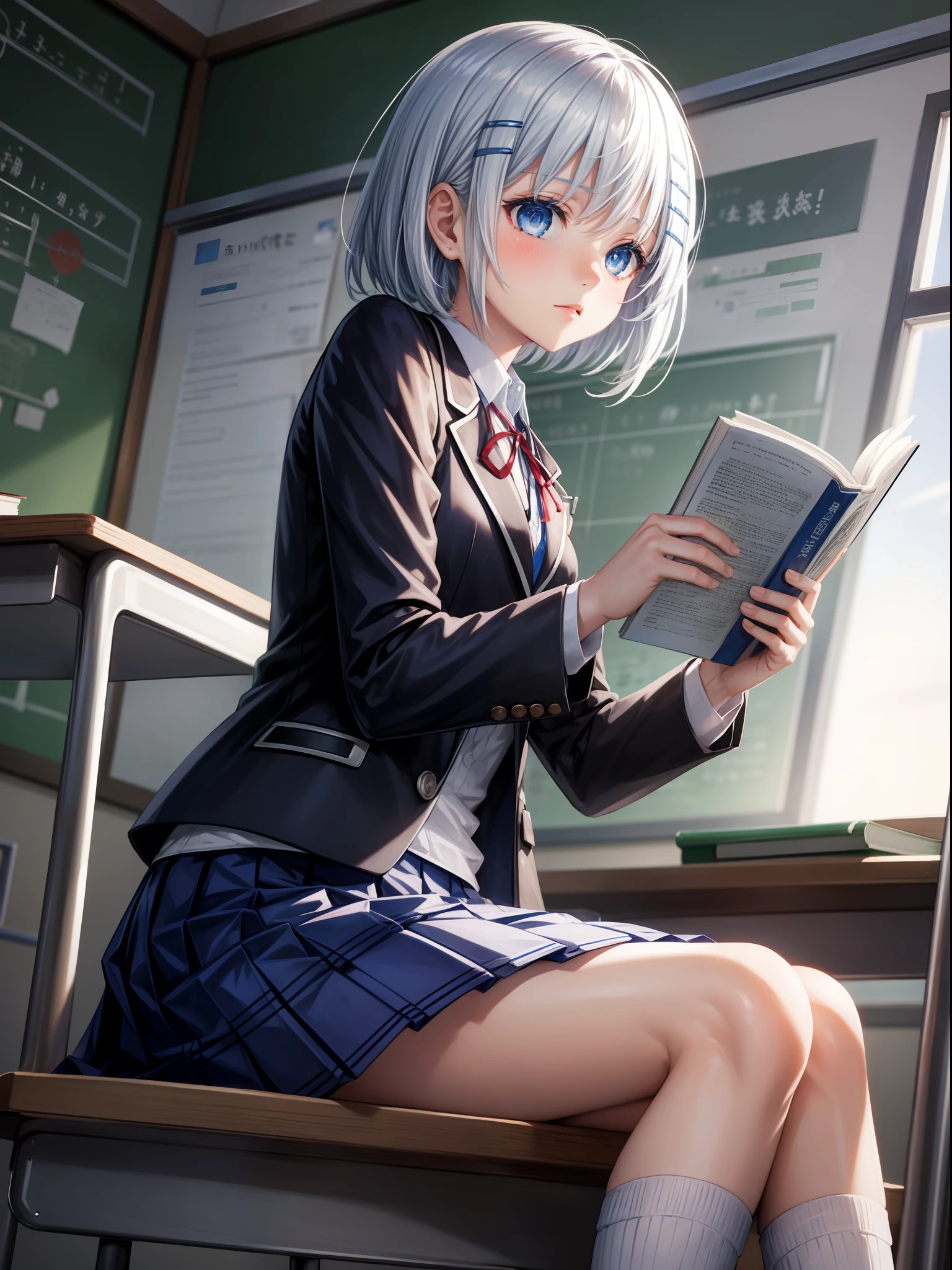 1girl, blazer, blue eyes, blue skirt, book, chair, classroom, desk, from side, indoors, jacket, open book, pleated skirt, reading, school desk, school uniform, short hair, sitting, skirt, solo, white hair