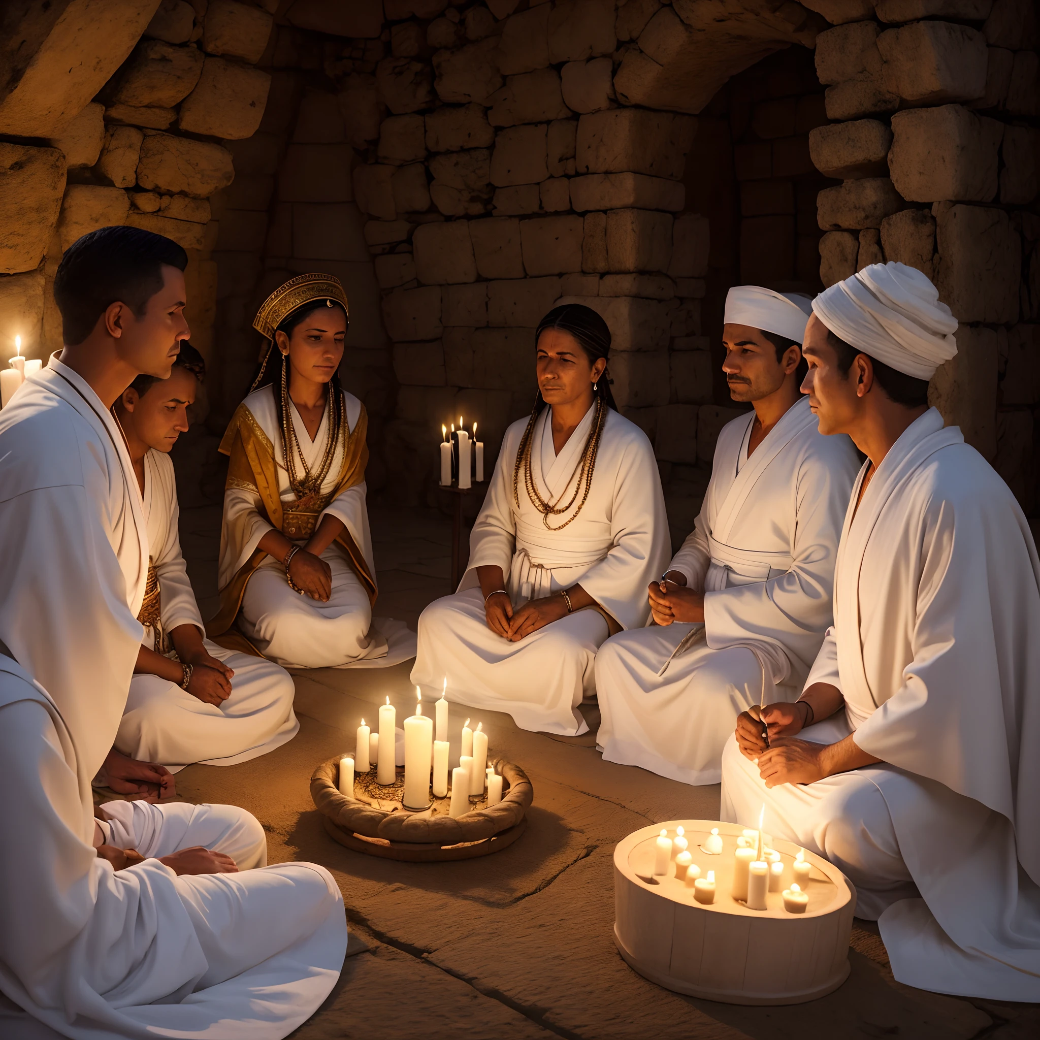 Several people in white robes are sitting with candles, Umbanda Ceremony, vestindo vestes brancas!, Rezar com tabaco, holy ceremony, blessing the soil at night, umbanda, flowing white robes, vestindo vestes brancas, ritual cerimonial, The Umbanda Spirit, usando panos brancos, the oracle of the mayan elders, vestes brancas, (8k, foto RAW, melhor qualidade, obra-prima: 1.2), (realista, fotorrealista: 1.37),