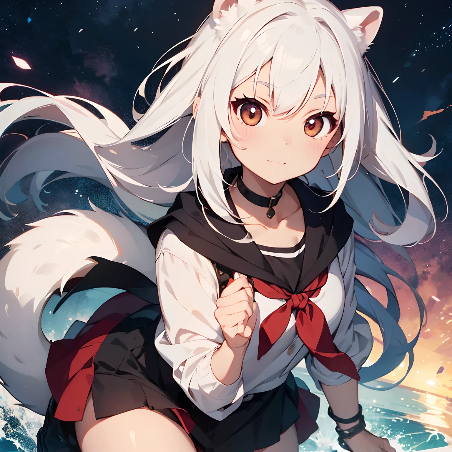 FERRET GIRL, CROPPED WHITE HAIR BROWN EYES Anime