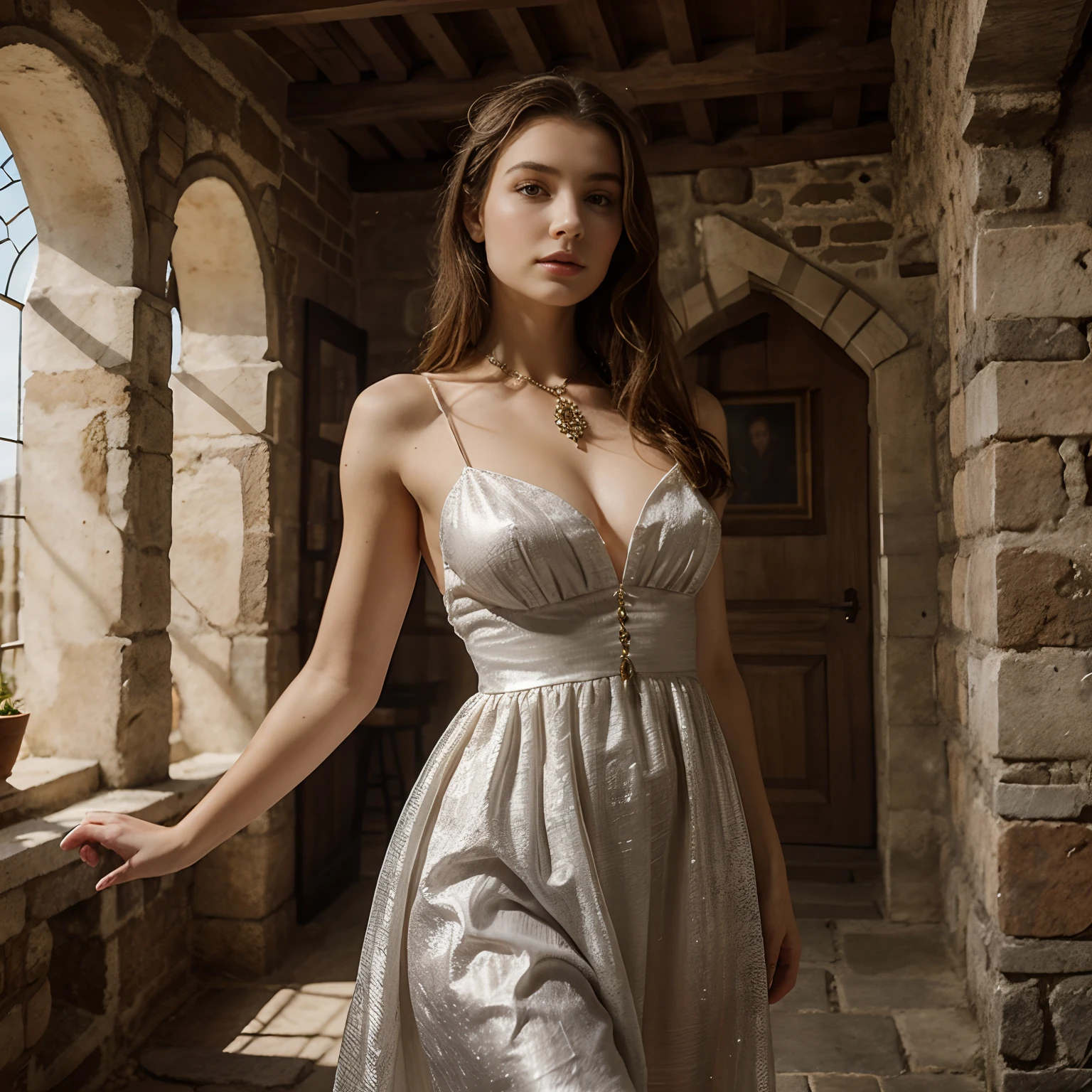 Beautiful Goddess in a Medieval Castle, chic dress. jewels