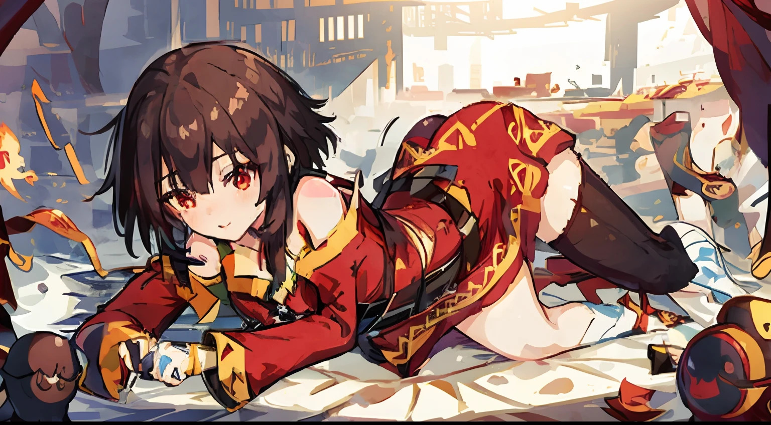 (nsfw 1.5) girl, Megumin, Megumin from Konosuba, small breasts, anime art style,((( big ass))), semi transparent pajamas, (((dark skin))), sunny day, from behind, presenting ass, looking at viewer, bent over pose, milf, dark hallway, smiling