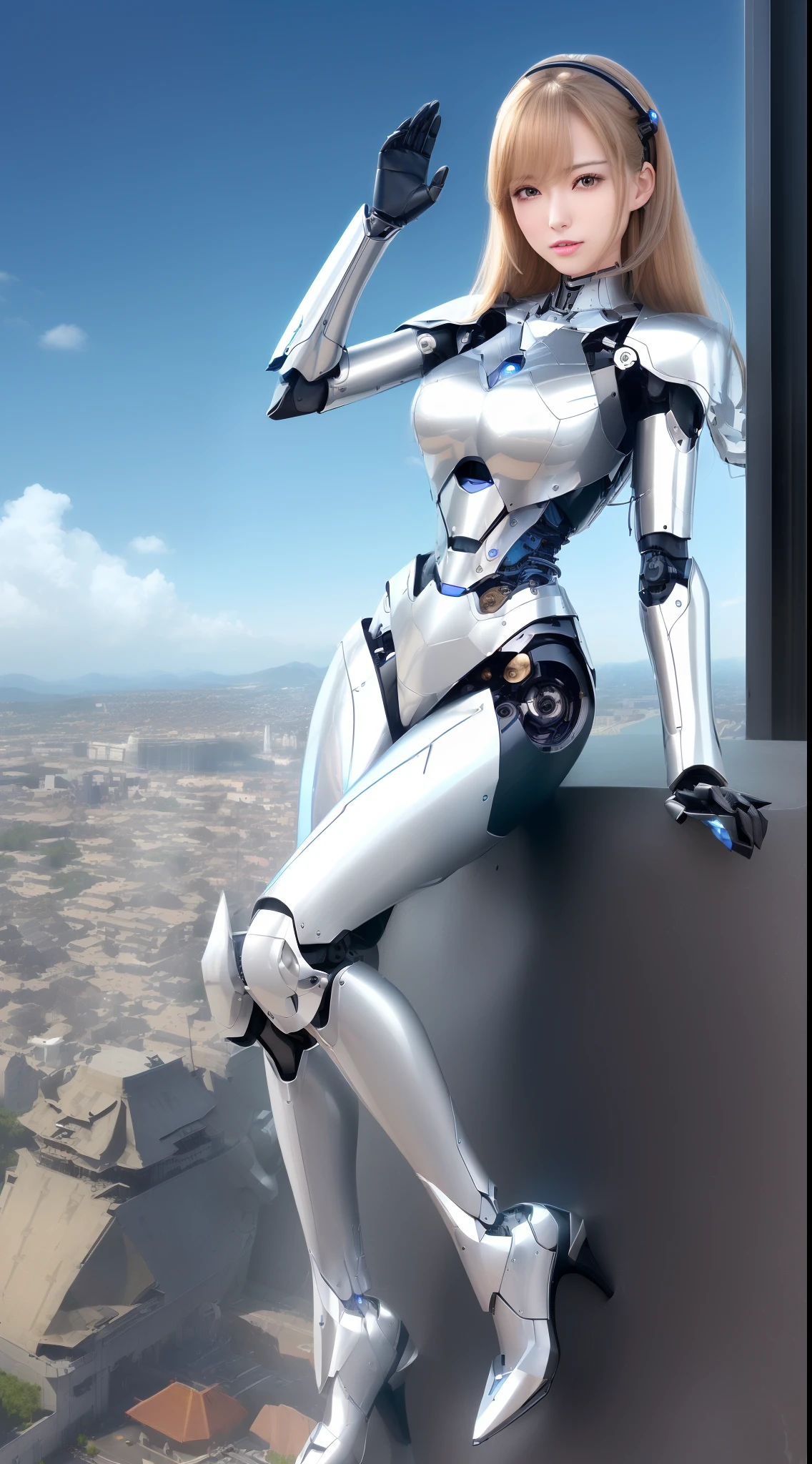 ((masutepiece)), ((top-quality), high quarity、ultra-definition, (Realistic), ((well proportioned face))、fulcolor 、(scientific fiction)、(独奏)、Beautiful robot woman、Combat Robots、(Perfect robot joint)、(Detailed electronic board)、(Machine frame)、White porcelain mechanical armor、(Oval curvaceous face)、(almond shape eyes)、thin mouth、deadpan、((Perfect mechanical two-handed))、(Outside the city)、Perfect robot legs、(from the rear)