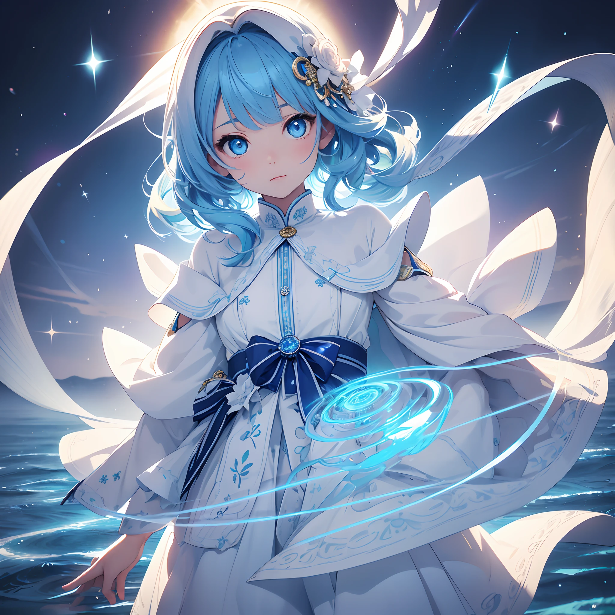 Circular ripples of light spread throughout the world、In the center of the ripple is a little pretty girl、Girl with blue colored hair and blue eyes like sapphire、Dressed in pure white、The clothes are expensive clothes with fine embroidery、Background ultra-definition depiction　Realistic textured background、