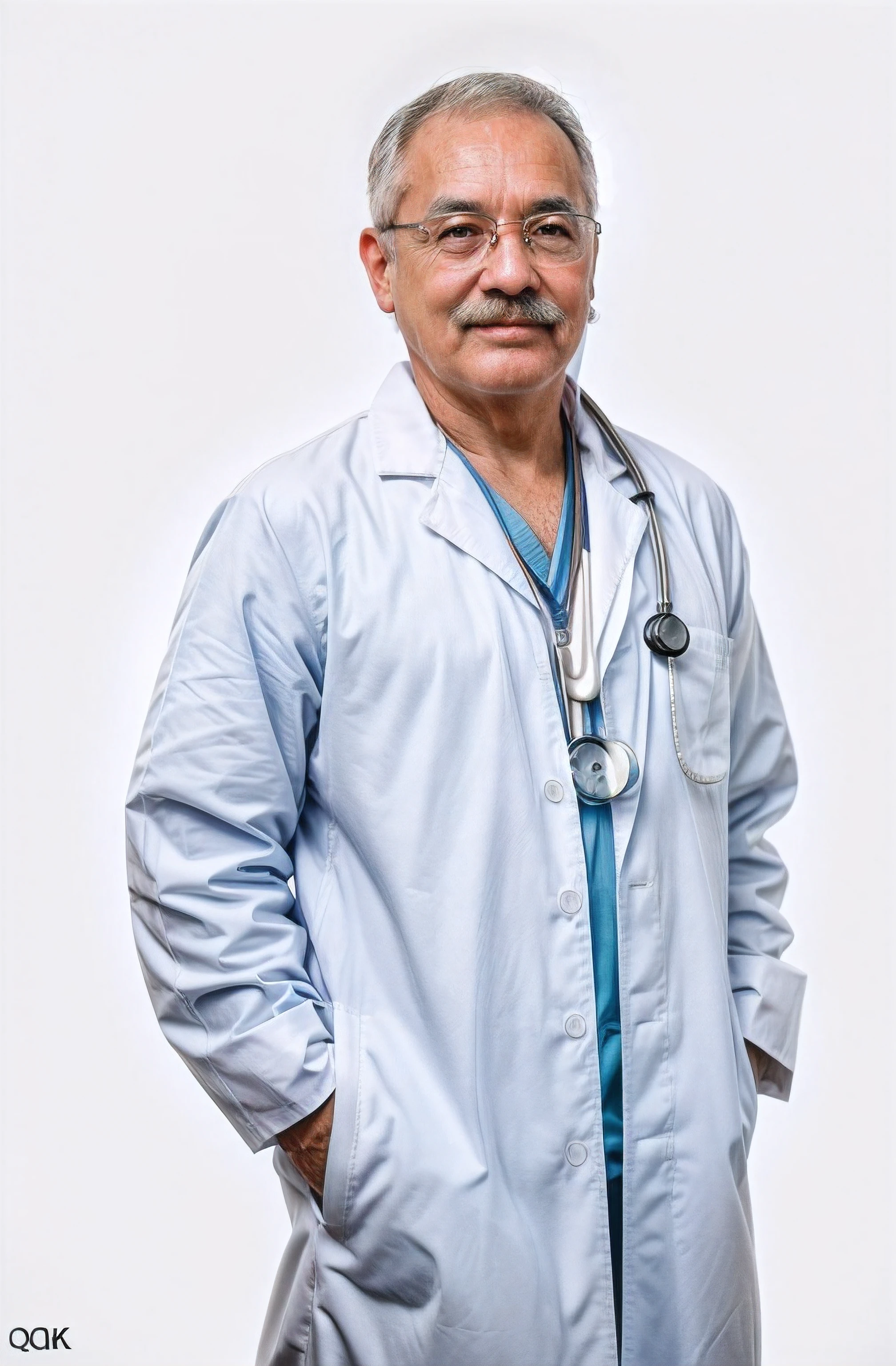 70 year old doctor with a stethoscope wearing white lab coat, com tshirt azul marinho por baixo, com oculos e bigode, cabelo grisalho, raw photo, amazing photograph, best quality, 8K, high quality, Ultra detailed, (best quality), (high detailed skin, full sharp:1.2), 8k uhd, dslr, detailed face