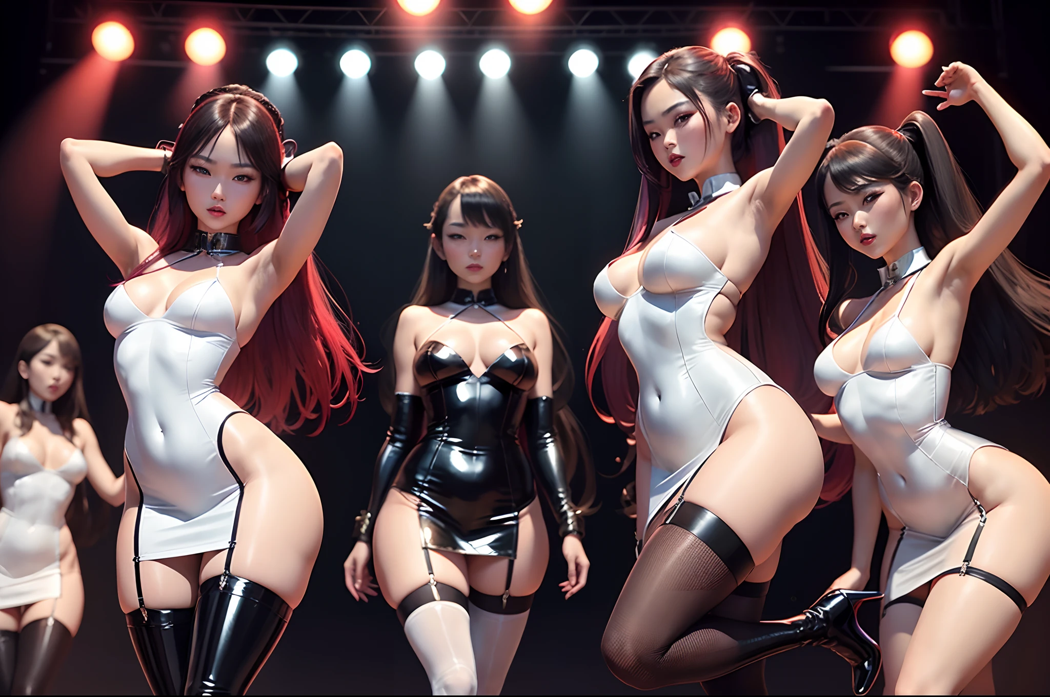 Sexy asian girlsband, sexy body pose, seductive, on stage dancing, sexy, wearing elegant minidress, traditional dress, collar, corsait, stockings, garter belt, high heels, very long boots, high boots, long gloves, ponytail, colorful lipstick, long hair, full body shot, restored faces, very detailed faces