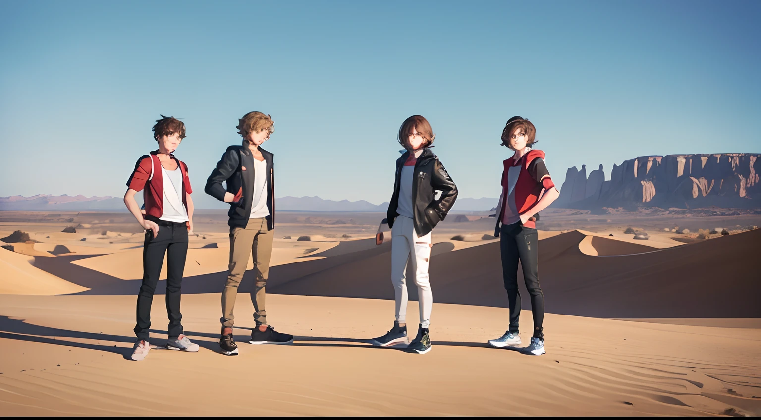 Only two teenagers, two young males, brown hair, desert background, 4k, Pokémon trainers, standing up