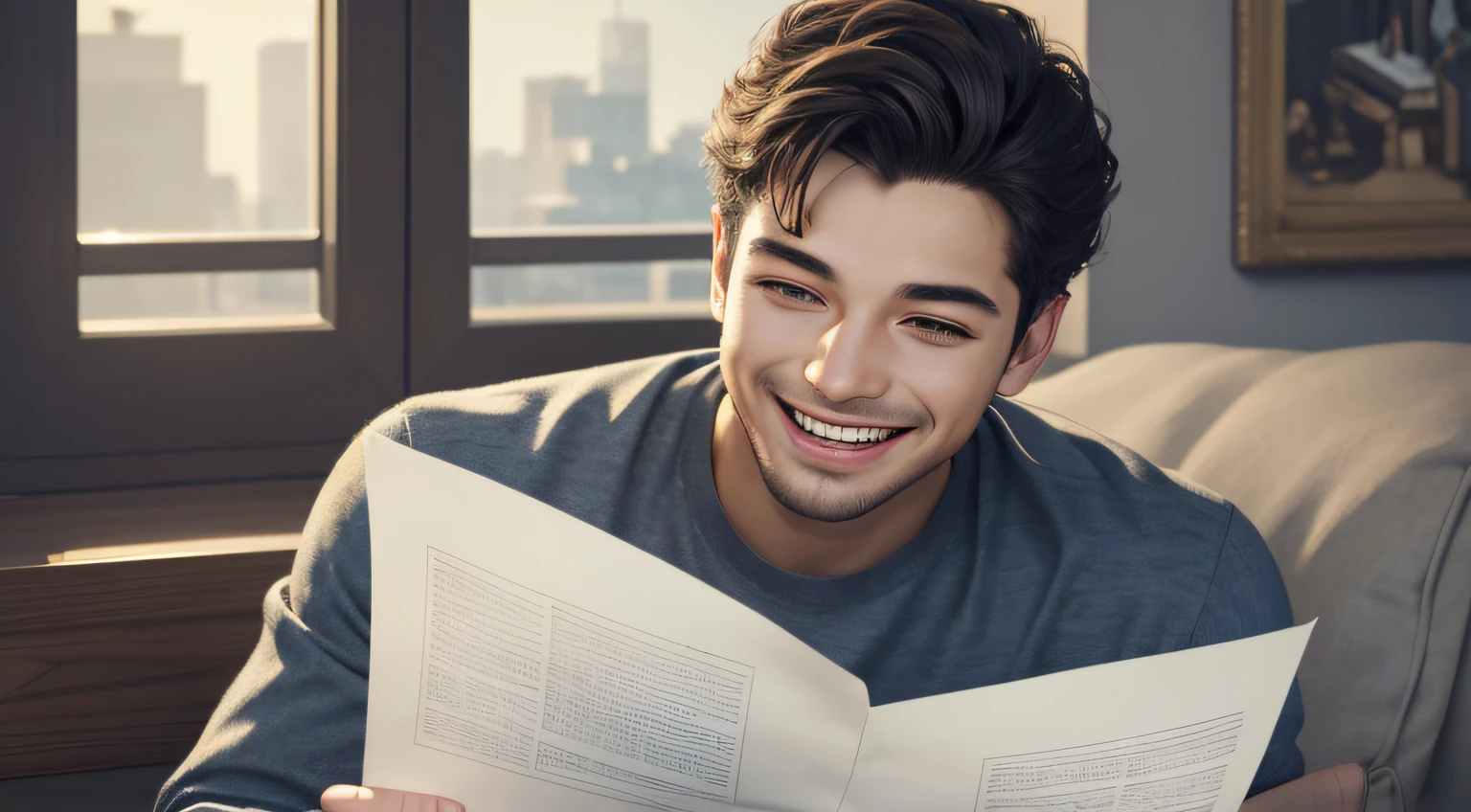 A YOUNG MAN LAUGHING WITH A PAPER IN HAND, ((masterpiece)), ((best quality))), ((ultra-detailed)), UHD, 8K, ((high resolution))), ((illustration)), ((realistic)),
