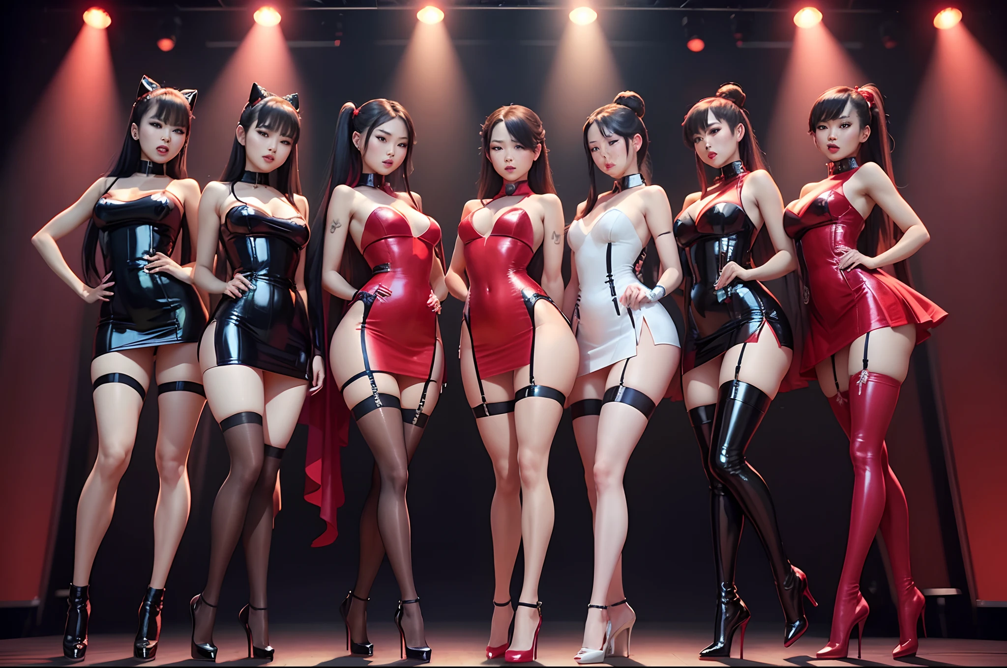 Sexy asian girlsband, sexy body pose, seductive, on stage dancing, sexy, wearing elegant minidress, traditional dress, collar, corsait, stockings, garter belt, high heels, very long boots, high boots, long gloves, ponytail, colorful lipstick, long hair, full body shot, restored faces, very detailed faces, beautiful face,