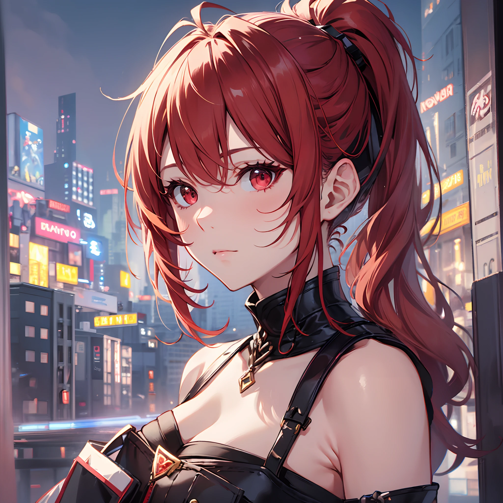 masterpiece, best quality, 1woman, adult, older MILF, female focus, solo, red hair, hairstyle: short ponytail, bangs, vibrant red eyes, looking at viewer, closed mouth, bangs, gamer aesthetics, Highly detailed, shadowverse style, classic white dress, virtual reality gamer, VR
