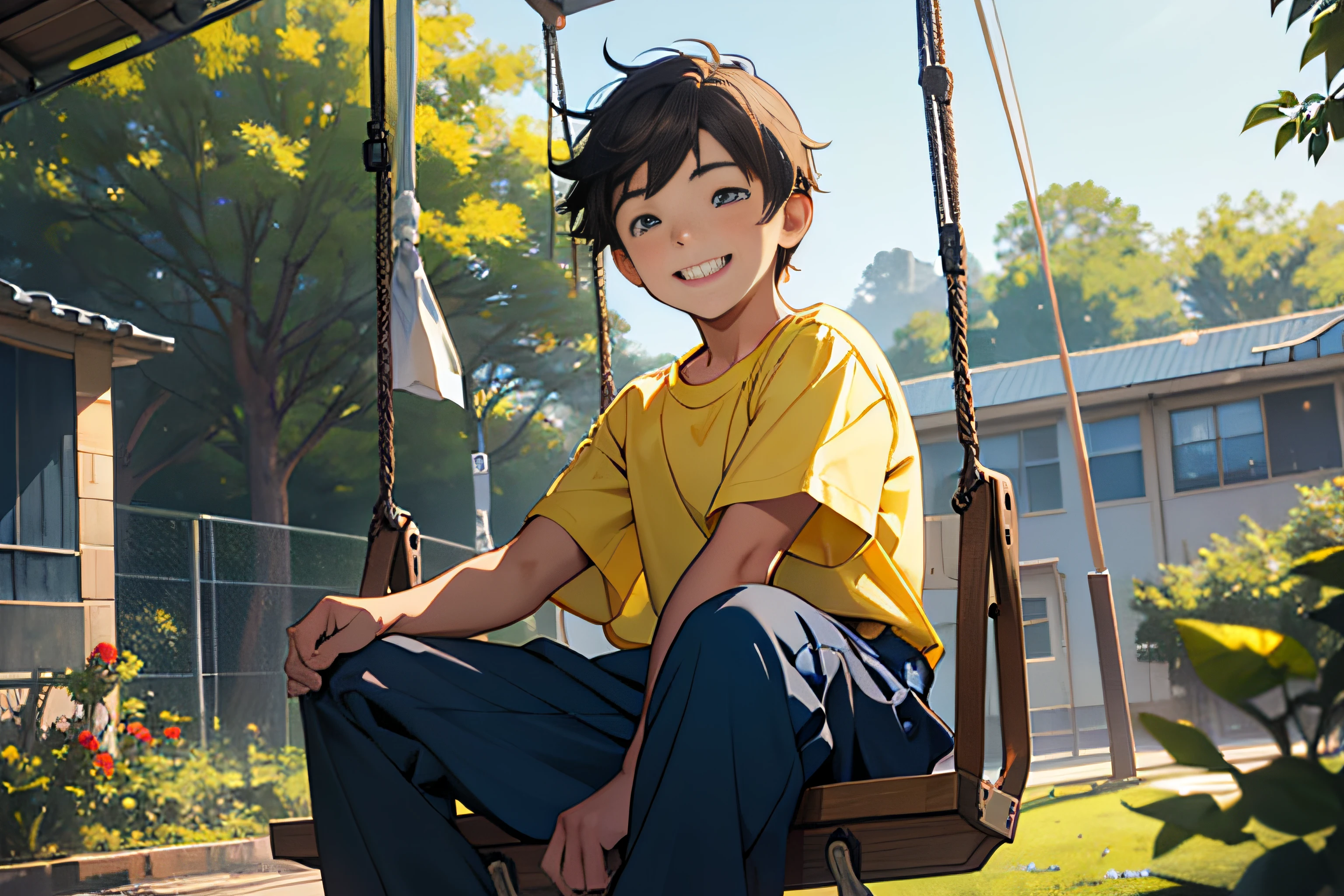 An happy, gentle and tender boy caucasian student about 6 years old in school uniform, yellow T-shirt and blue long pants playing on a school swing