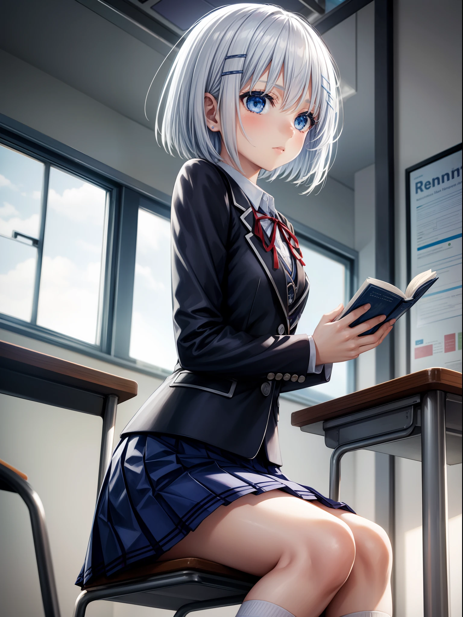 1girl, blazer, blue eyes, blue skirt, book, chair, classroom, desk, from side, indoors, jacket, open book, pleated skirt, reading, school desk, school uniform, short hair, sitting, skirt, solo, white hair