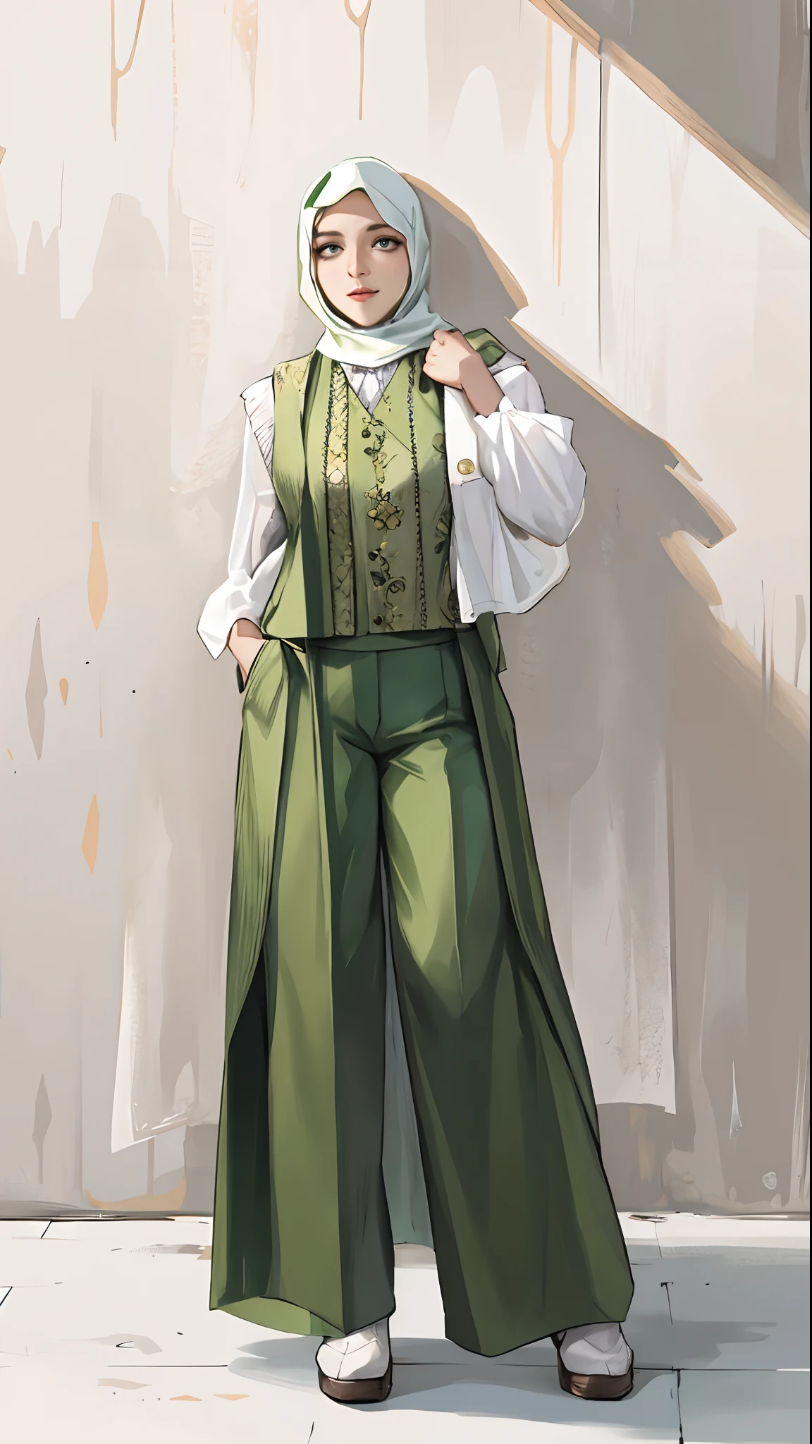 there is a woman standing in a white shirt and green pants, full body picture, wearing hijab, multilayered outfit, full length view, full body wide shot, full body full height, flower butterfly vest, dressed with long fluent clothes, olive green, olive green slacks, female outfit, dressed with fluent clothes, inspired by Sarper Baran, vest, a wide full shot