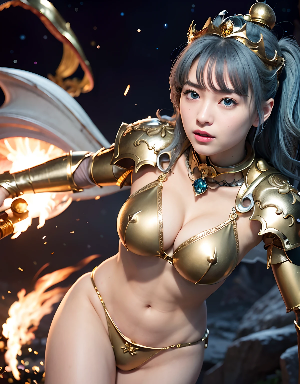 Professional , masterpiece、top-quality、photos realistic , 、top-quality、超A high resolution、(Photorealsitic:1.4)、Raw photo、depth of fields (Gemstone Gold Metal Body:1.9),(Matte White、Toostock、heavy breasts、(cleavage of the breast)、(((Micro Bikini Armor))),(Detailed Dragon Armor)、(Have the strongest weapon)、((Random Hairstyles 1.6),Dark Fantasy,)explosions、intense fighting、(Precipitous cliffs),Dragon Gold Weapon,Mystical expression、Particles of light、Fight dragons、(Detailed Dragon Helmet),Gorgeous Silver Weapons ,(( Dragon's dense and gorgeous sword)) , Beautiful knife ,warhammer 40k ,Detail and gorgeous crown、((Blue hair))、(Castle background)、、((Gangle's forest background))、Beautiful Caucasian beauty、1a person、dynamic ungle,(((With detailed shielding)))、Smaller head、A smile、Castle background、Thin and beautiful female hands、cleavage of the breast、Soldier in iron armor on background、Mystical expression、Light Effects、intense fighting、Wind-effect、magic circles、With the legendary magic wand、(demonic wings)、Toostock、