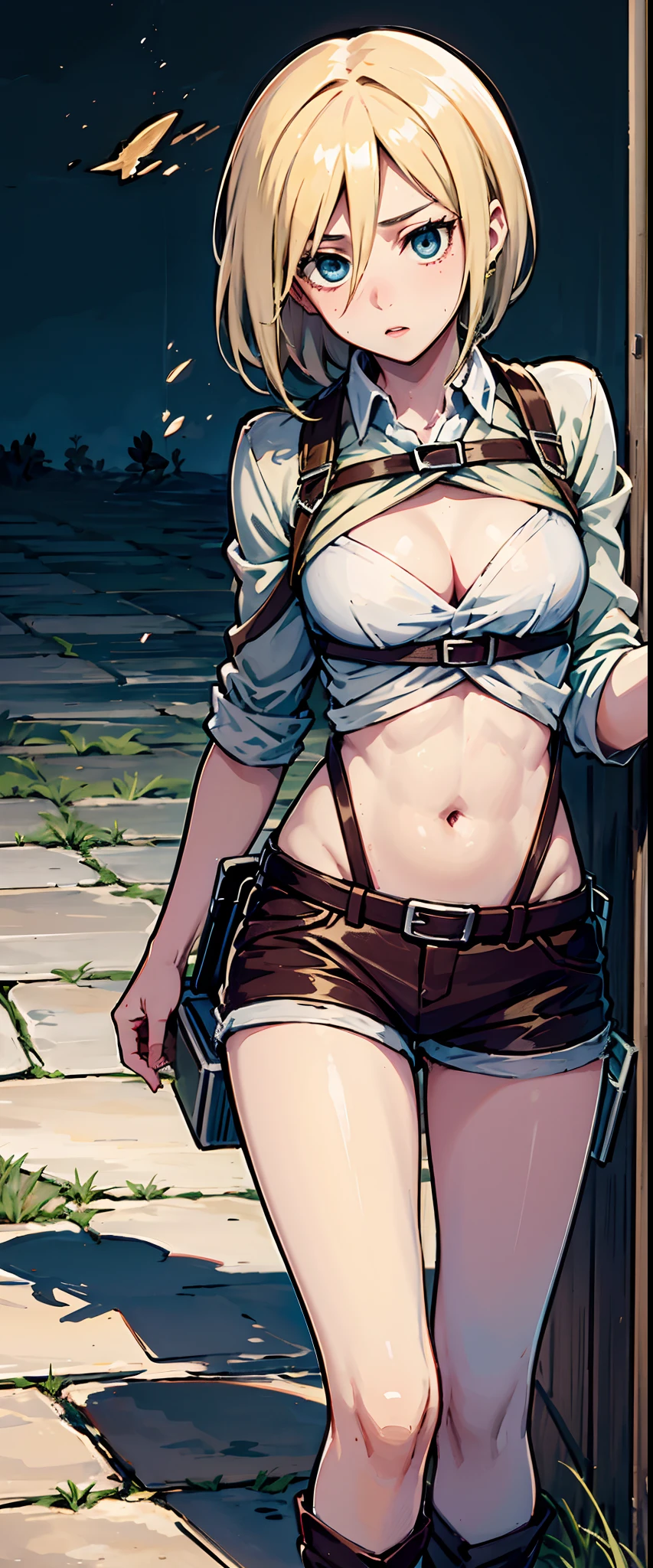 Historia reiss, blue eyes, blonde hair, short hair, slim legs, cleavage, slim waist, narrow waist, attack on titan
