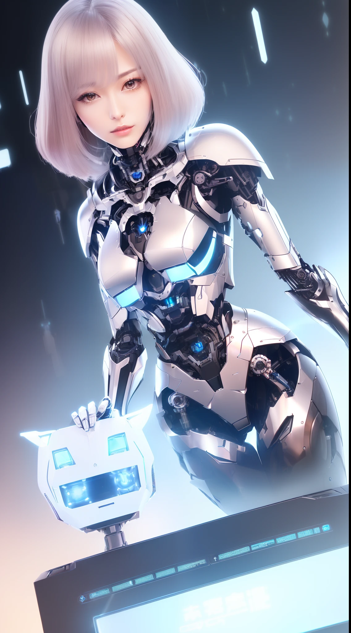 ((masutepiece)), ((top-quality), high quarity、ultra-definition, (Realistic),  ((well proportioned face))、fulcolor 、(scientific fiction)、(独奏)、Beautiful robot woman、Combat Robots、((Perfect robot joint))、(((Detailed computer parts)))、(Electronic substrate)、(((machine components)))、(White porcelain mechanical armor)、(Oval curvaceous face)、(almond shape eyes)、thin mouth、deadpan、((Perfectly shaped machine hand))、(Outside the cyber city)、Perfectly shaped robot legs