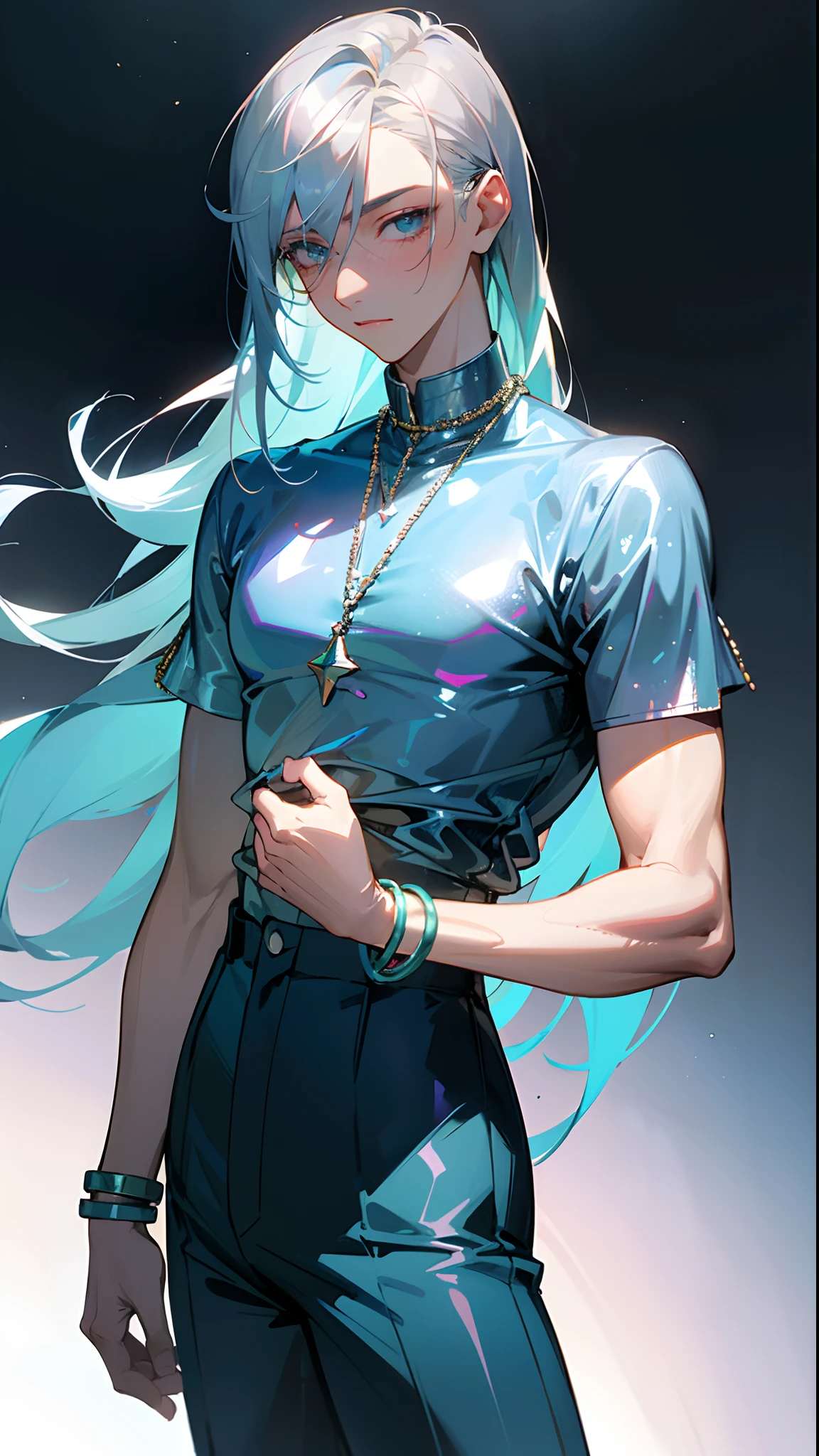 (masterpiece, best quality )detailed, 1Character , pastel washed out colors , cell shade , soft, muted shades ,gentle colors , blue archive art style,
He wears a fitted, sequined, and short-sleeved shirt in a vibrant shade of holographic blue, The shirt features a V-neckline and intricate beadwork, sequins, and rhinestones, slim-fitting, high-waisted pants in a matching holographic blue material, The pants are accentuated with subtle, neon blue and silver accents, including chunky silver chains, statement rings, and wristbands,
Handsome young man , long hair , light blue hair , pale skin , golden eyes , age 21
