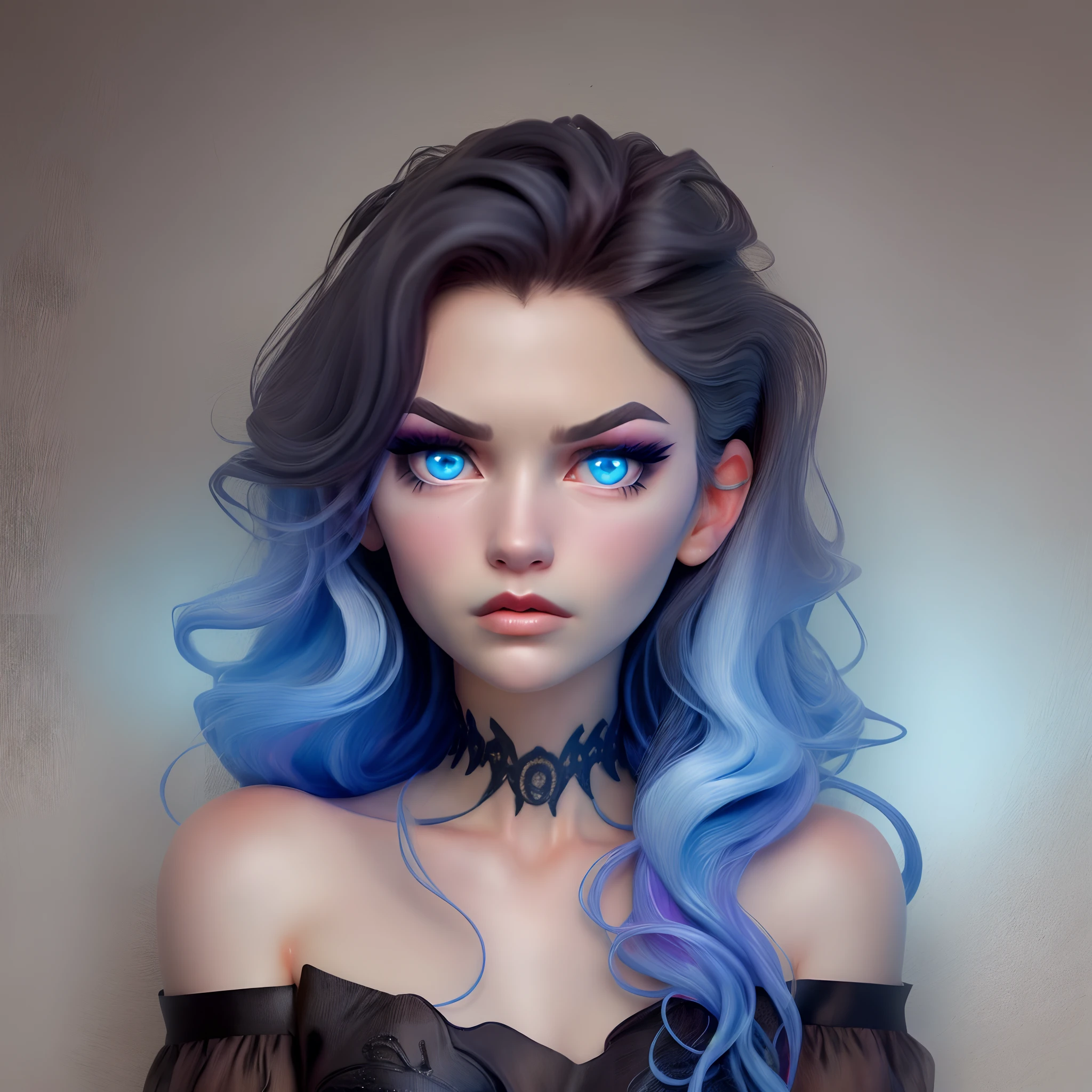 Two-dimensional realism, long hair slightly curly hair, girl, European and American makeup style, wearing a black dress, indifferent expression, ice blue eyes