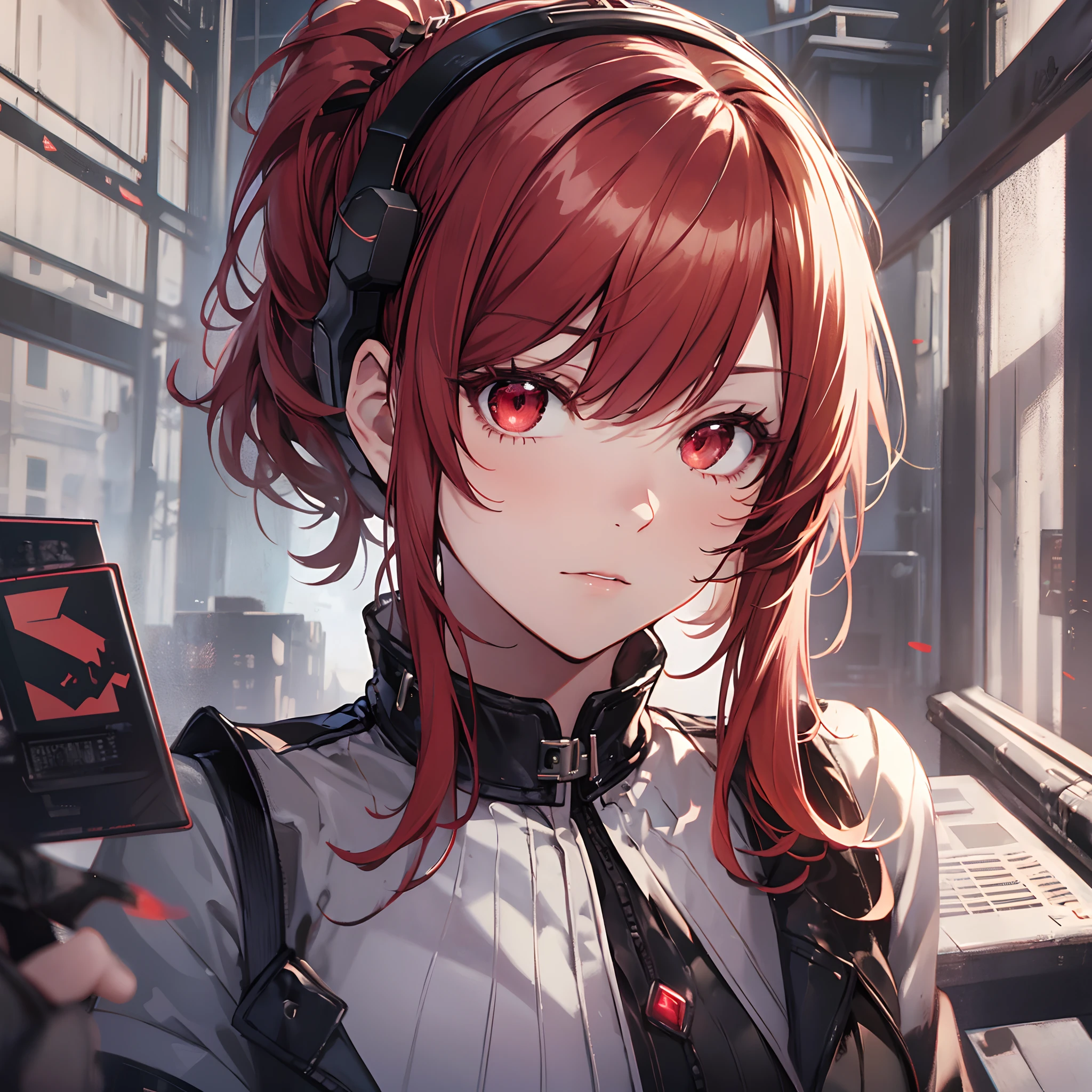 masterpiece, best quality, 1woman, adult, older MILF, female focus, solo, red hair, hairstyle: short ponytail, bangs, vibrant red eyes, looking at viewer, closed mouth, bangs, gamer aesthetics, high collar, Highly detailed, shadowverse style, classic tomboy, virtual reality gamer, VR