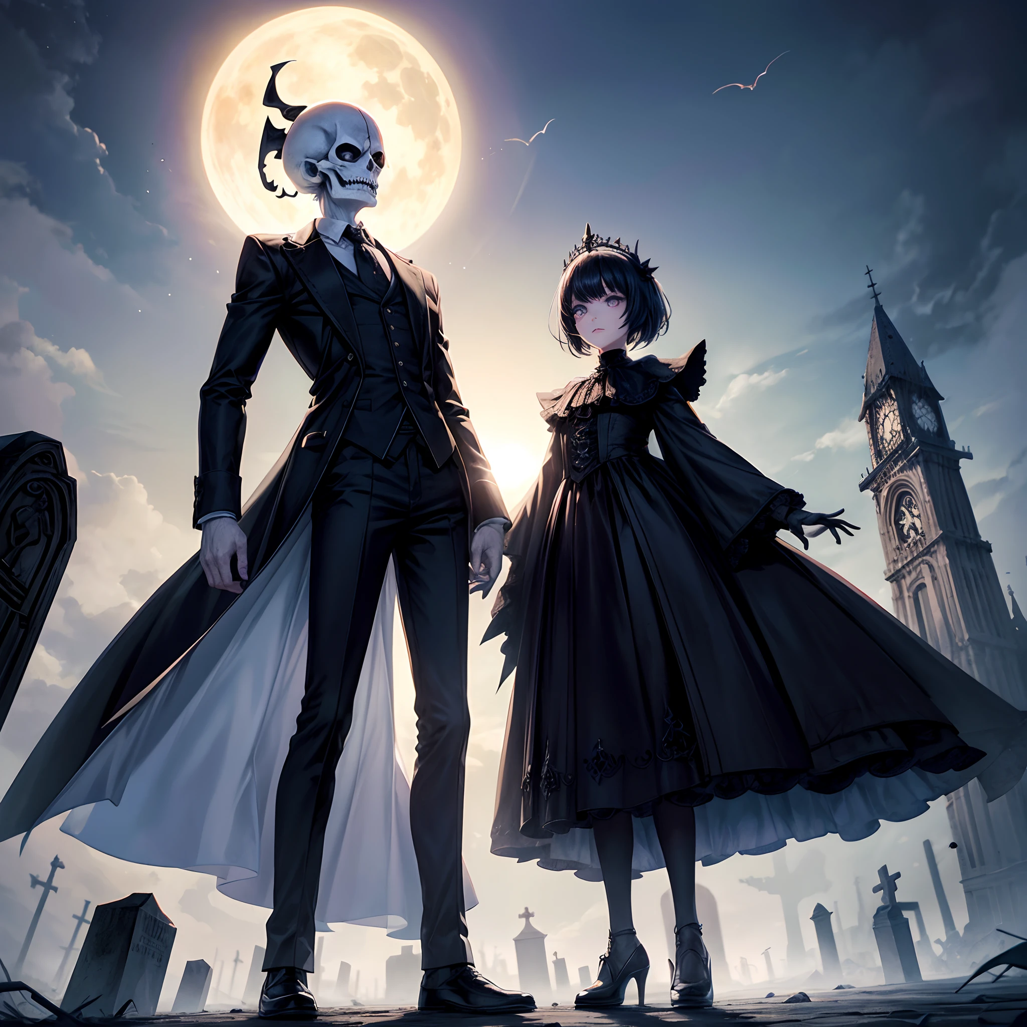 Representa a Jack Skellington, el Rey Calabaza, con su traje de esmoquin a rayas en medio de un retorcido, Gothic setting. Jack se encuentra en un cementerio oscuro cubierto de niebla, con alto, Thin tombstones slanted at odd angles. La luna llena brilla con un resplandor plateado en el cielo estrellado. Jack se para en el centro de la escena, with an intriguing expression on his skeletal face. Sostiene una linterna de calabaza que emite una luz verde brillante y proyecta sombras espectrales a su alrededor. On nearby headstones, Graba inscripciones curiosas y oscuras. The ground is covered with, hojas crujientes, y en la distancia, en las sombras, puedes ver a los extravagantes habitantes de Halloween Town, como Sally, el hombre del saco, y el Payaso Bola de Nieve. The atmosphere should convey the haunting and enchanting spirit of Tim Burton's 'The Strange World of Jack'."