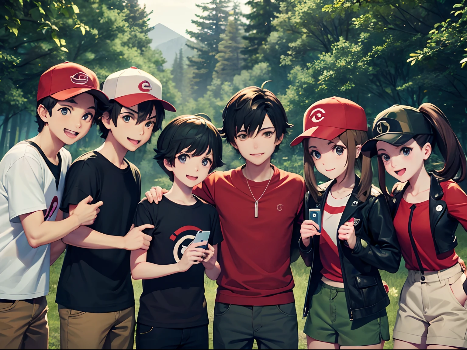 A group of pokémon trainers taking a picture together, dark hair, males, young teens, 4k, forest background