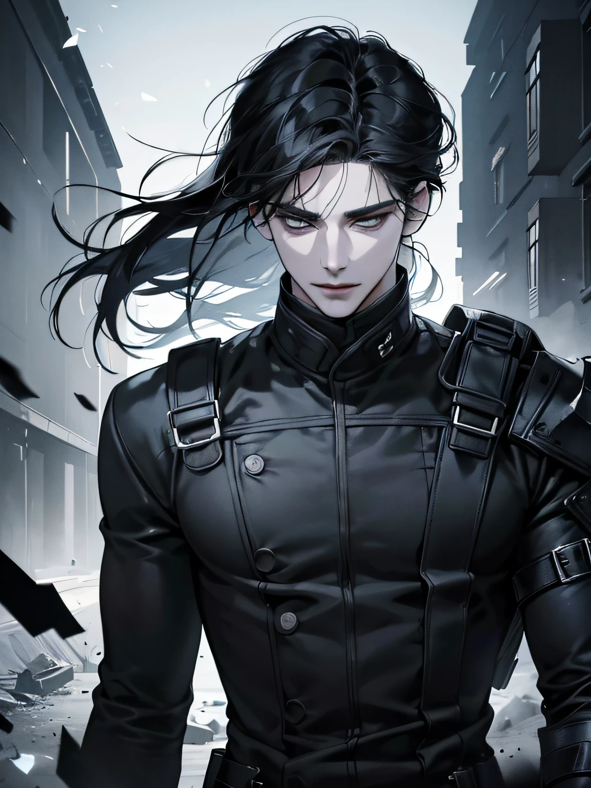 (best quality detailed image beautiful image 8K photorealistic dramatic lighting 1:1) (digital art digital illustration) (turning to the camera) (cold colors dim lighting) Art Manhwa very handsome 29 year old man black hair black clothes moving ((expression distant black eyes perfect face perfect lines)) walking in a chaotic dystopia setting