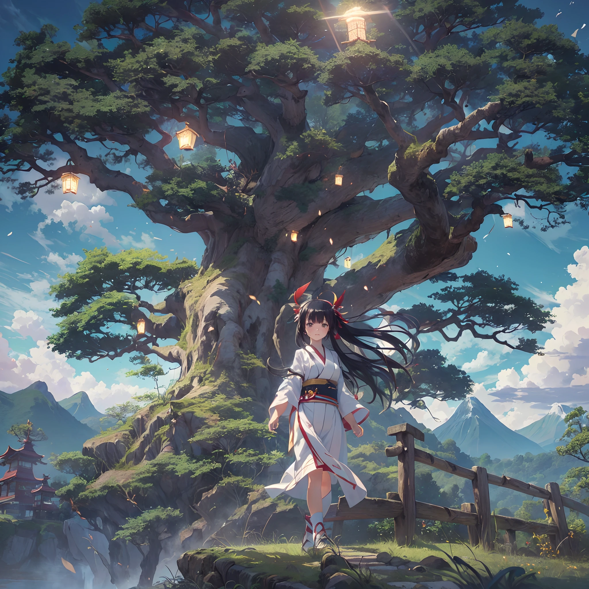 (Best Quality, masutepiece),(1girl in, shrine maiden, Black eye, view front ,Black hair, Walking, Upper body), (Labyrinth of the Night, Huge old tree behind, Lots of shining higanbana in the background, Shrine behind, mountain background, Blowing wind, Meteor clouds)